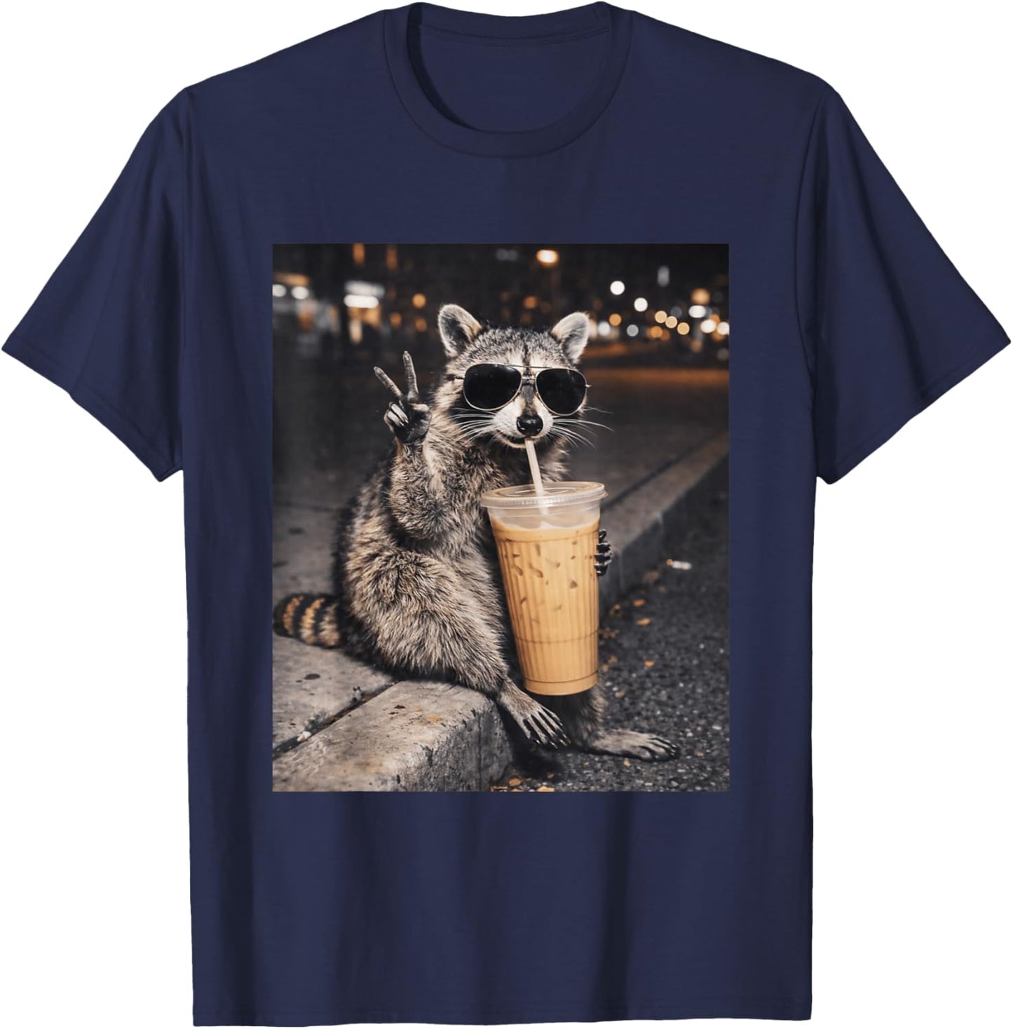 Raccoon Drinking Iced Coffee Funny Animal Meme T-Shirt - T-Shirt | Navy