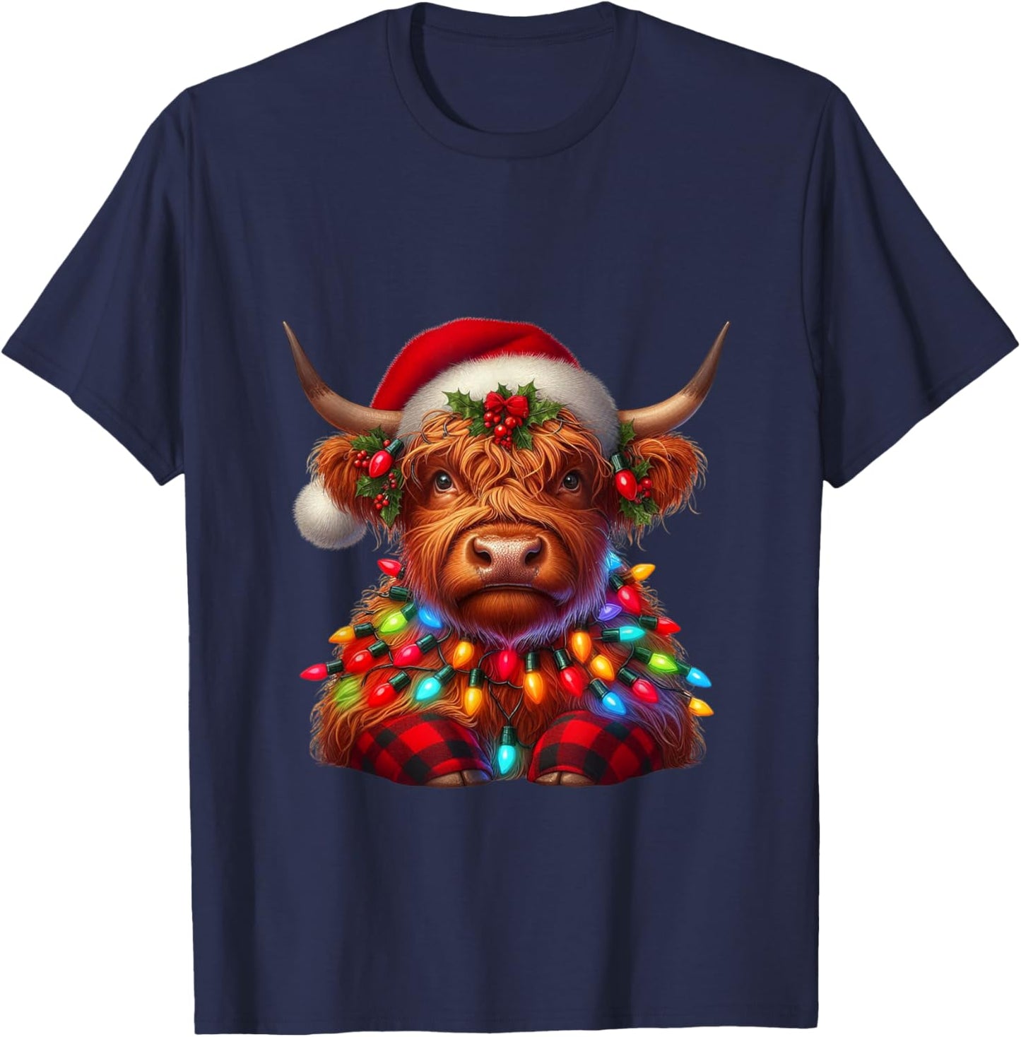 Scottish Highland Cow Christmas Santa Hat Lights Xmas Pajama T-Shirt - T-Shirt | Navy