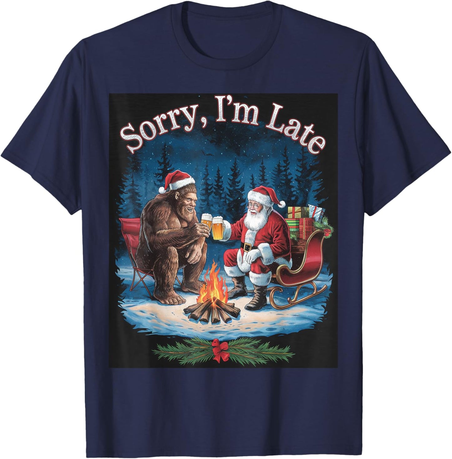 Funny Bigfoot Santa Claus Drinking Beer Campfire Christmas T-Shirt - T-Shirt | Navy