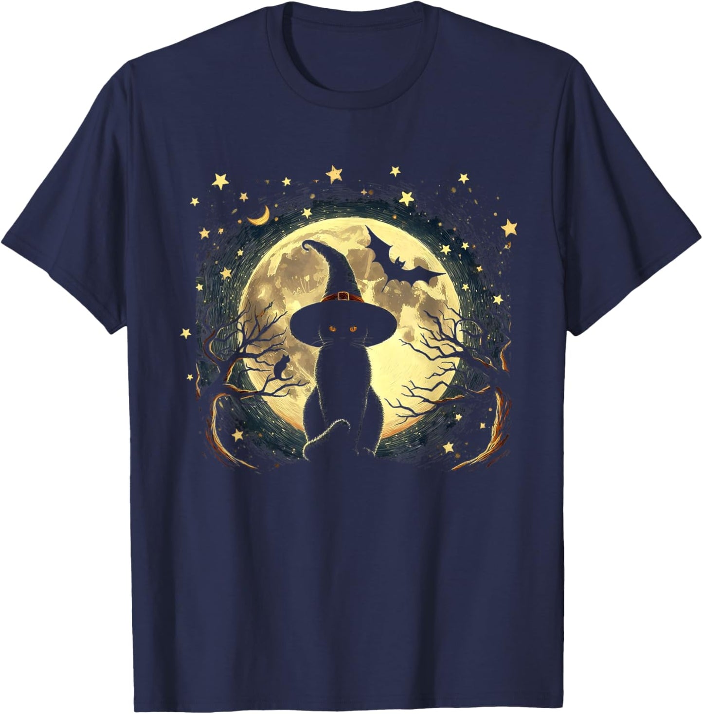 Vintage Scary halloween black cat Van gogh Starry Night Moon T-Shirt - T-Shirt | Navy