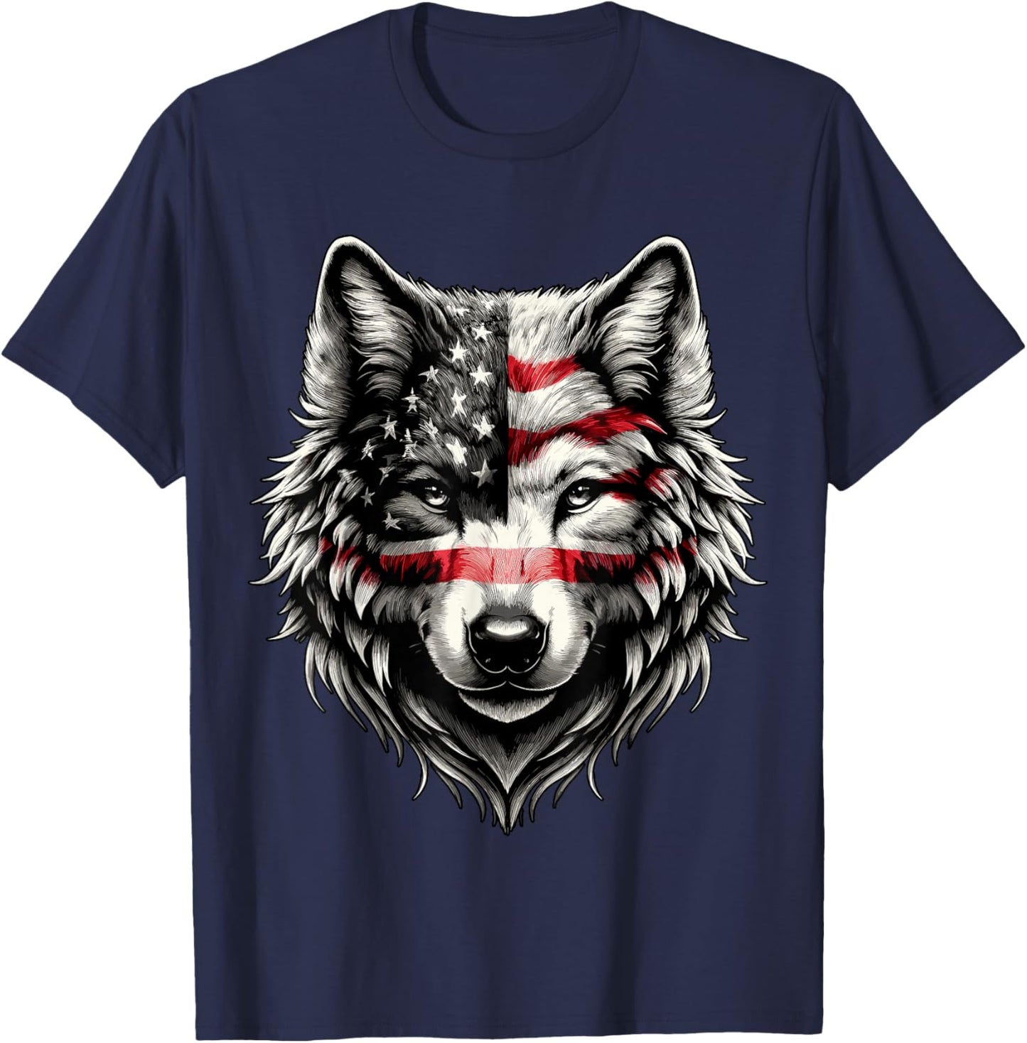 Wolf with USA Flag 4th of July T-Shirt - T-Shirt | Navy