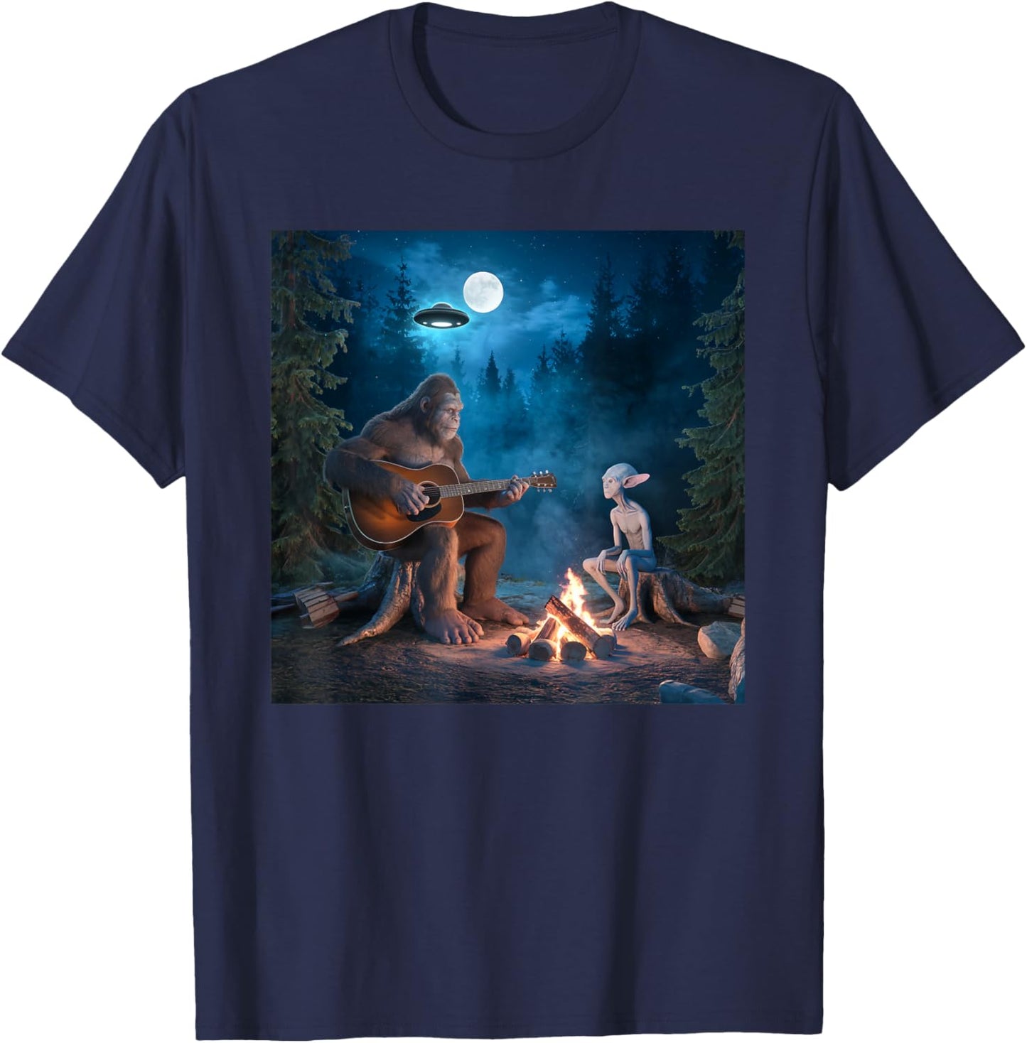 Bigfoot Alien Sasquatch Campfire UFO Music Night Scene T-Shirt - T-Shirt | Navy