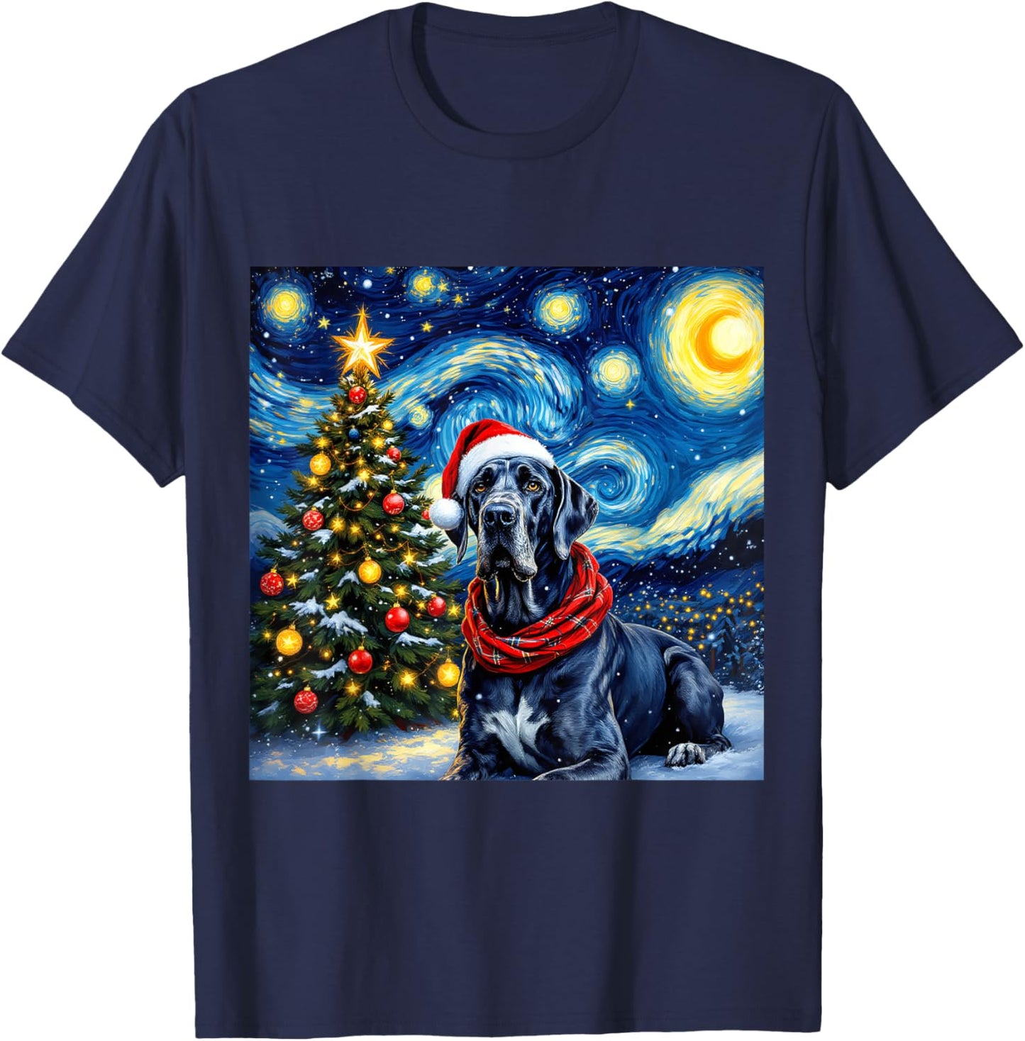 Great Dane Starry Night Christmas Van Gogh Dog Santa Hat T-Shirt - T-Shirt | Navy