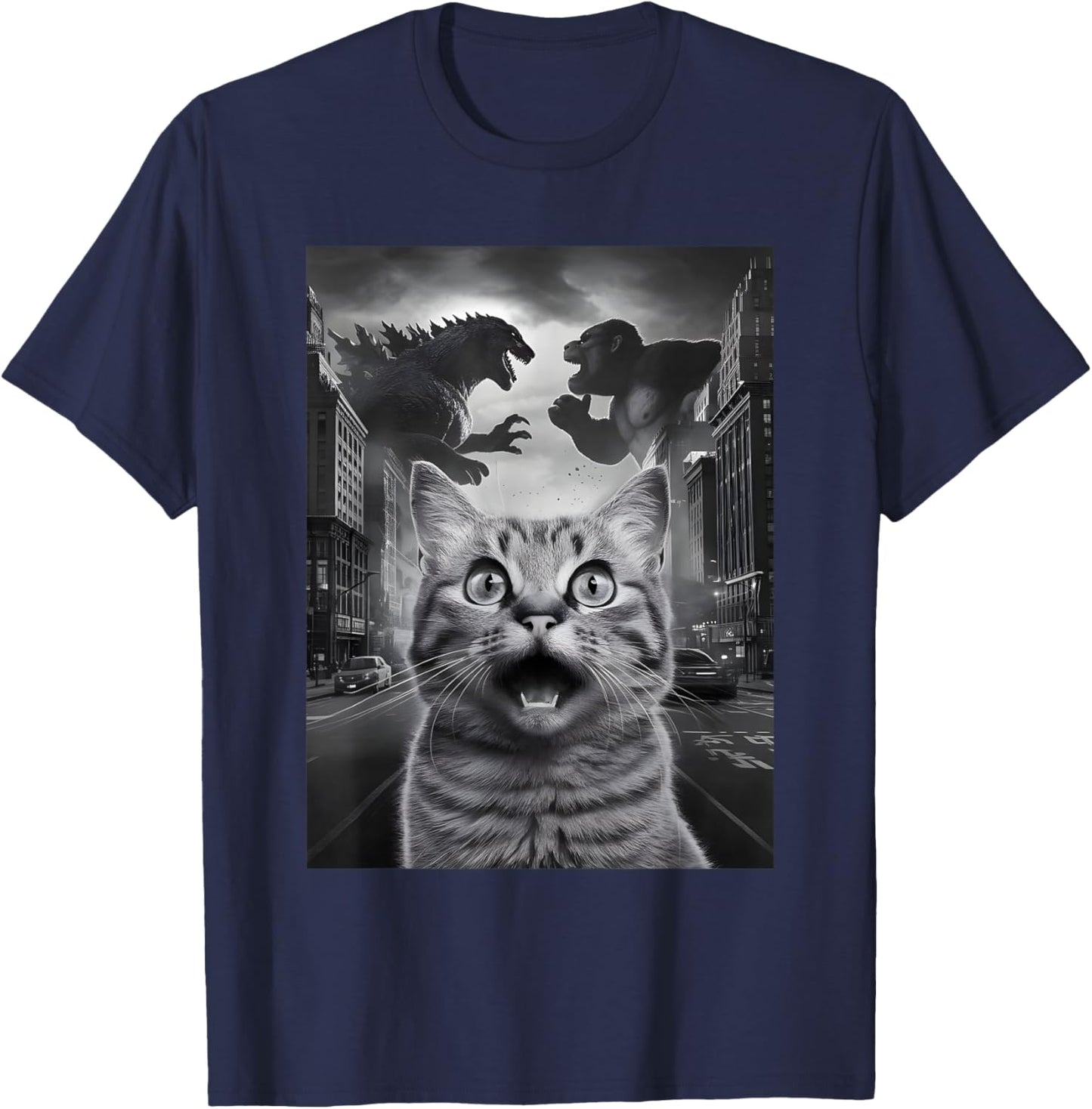 Cat Selfie Dinosaur Bigfoot Believers Funny Sasquatch Men Women Kids T-Shirt - T-Shirt | Navy