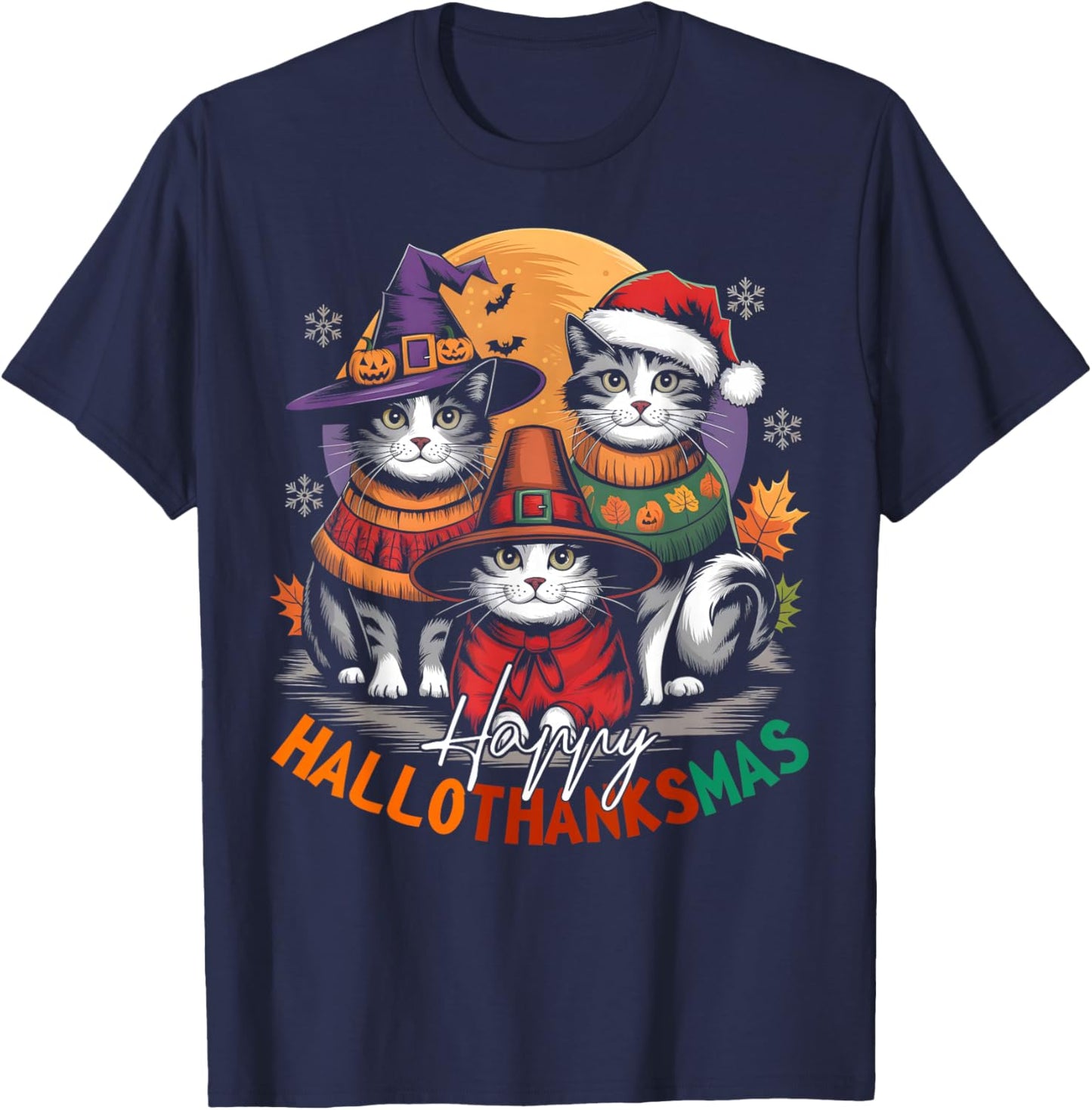 Happy HalloThanksMas Halloween, Christmas, Thanksgiving Cats T-Shirt - T-Shirt | Navy