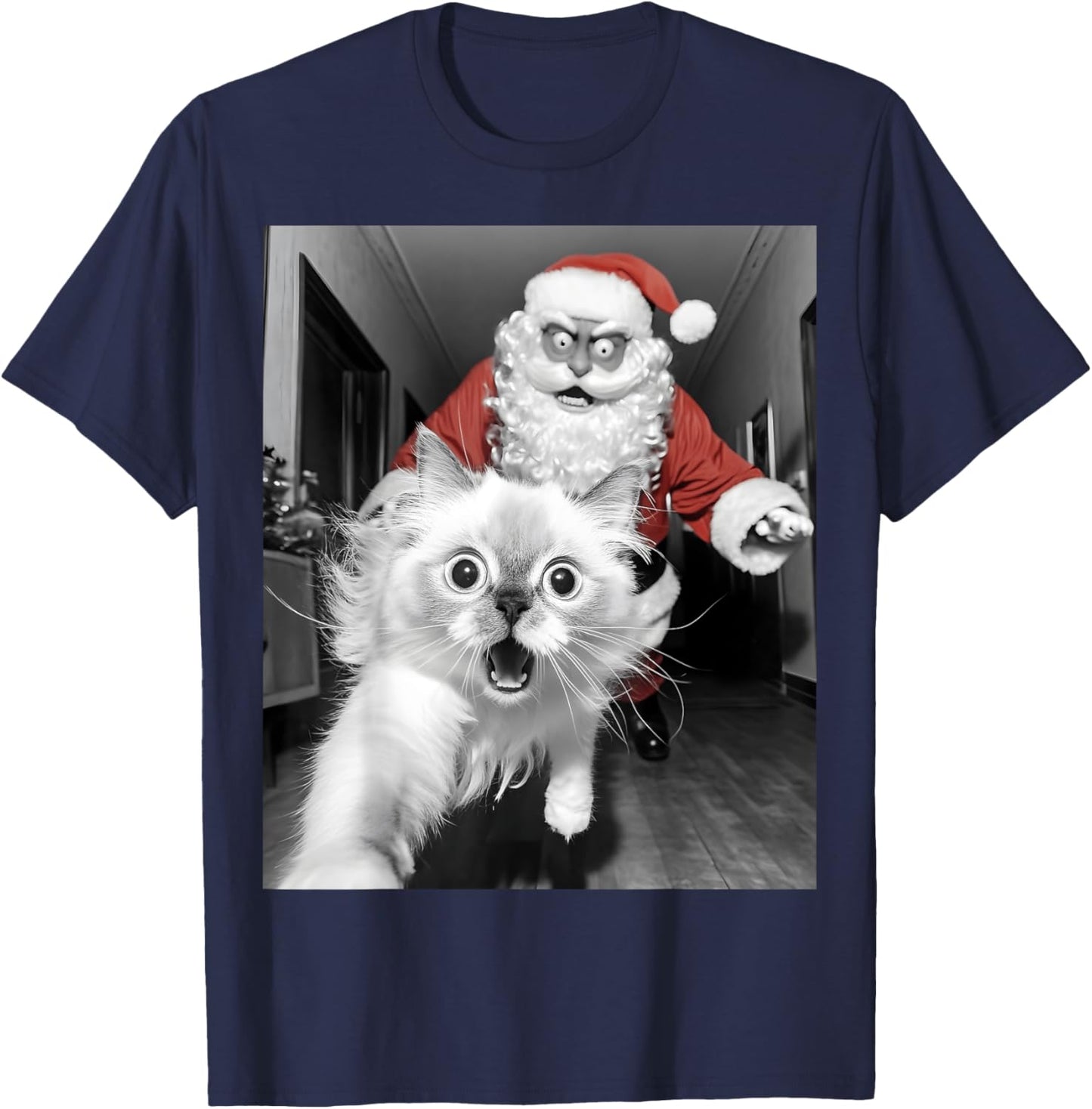 Funny Cat Selfie With Santa Christmas Women T-Shirt - T-Shirt | Navy
