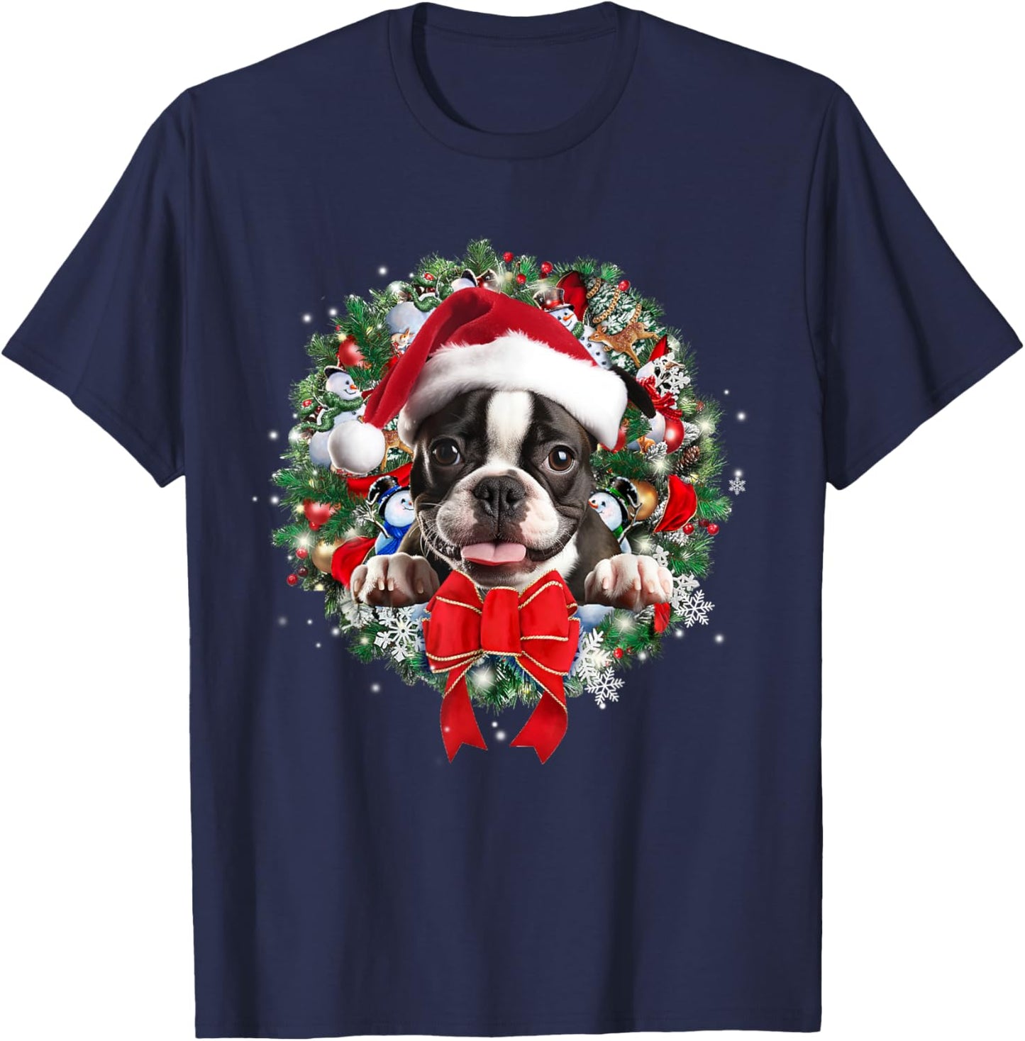 Boston Terrier Christmas Wreath Decoration Xmas Pajamas T-Shirt - T-Shirt | Navy