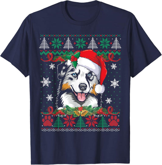 Australian Shepherd Christmas Ugly Sweater Funny Dog Lover T-Shirt - T-Shirt | Navy