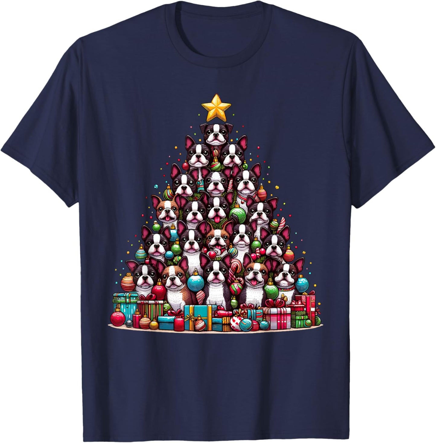 Cute Boston Terrier Christmas Tree Dog Kids T-Shirt - T-Shirt | Navy