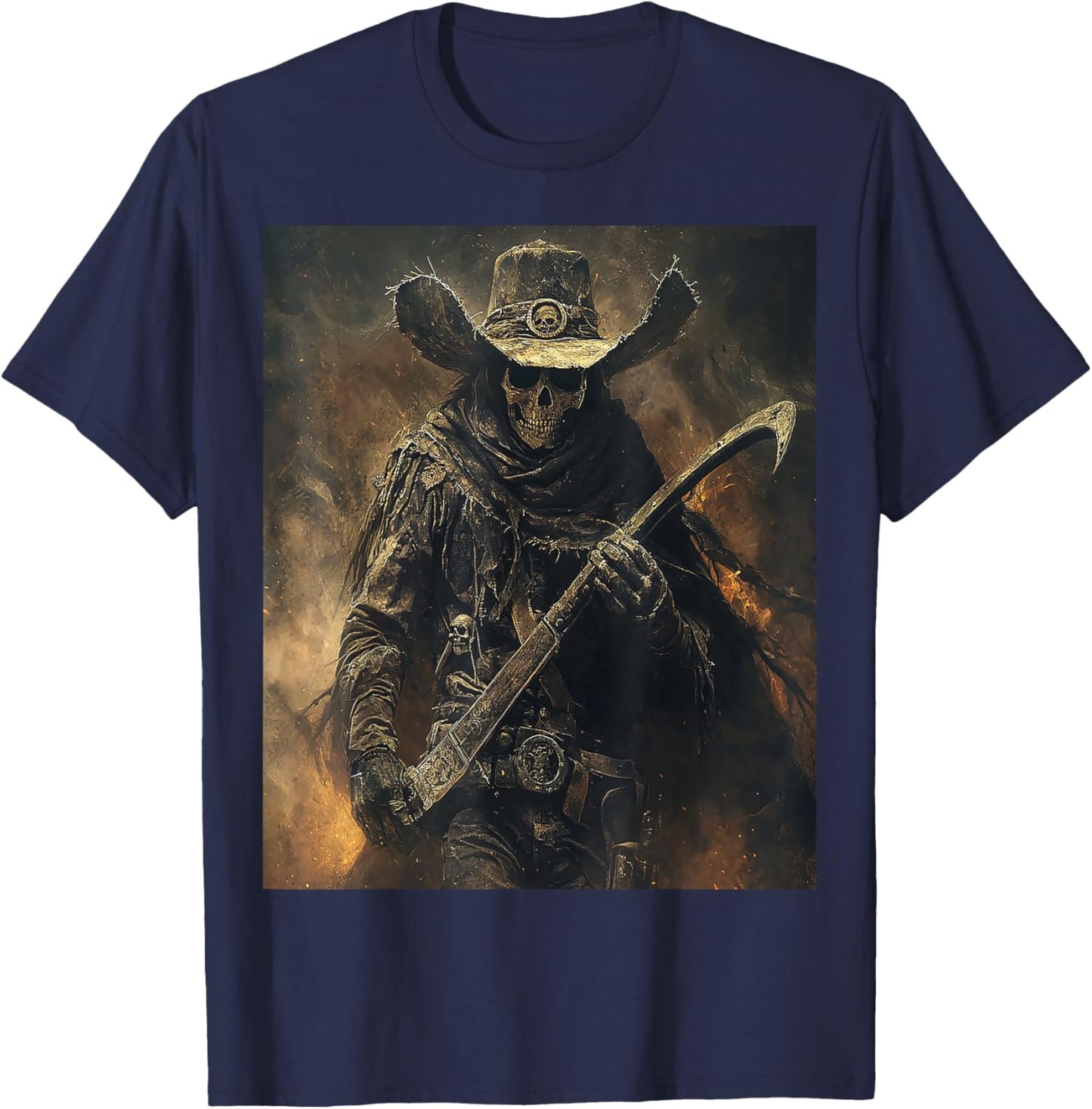 Western Grim Reaper Cowboy Wearing Hat Scythe Skull Art T-Shirt - T-Shirt | Navy