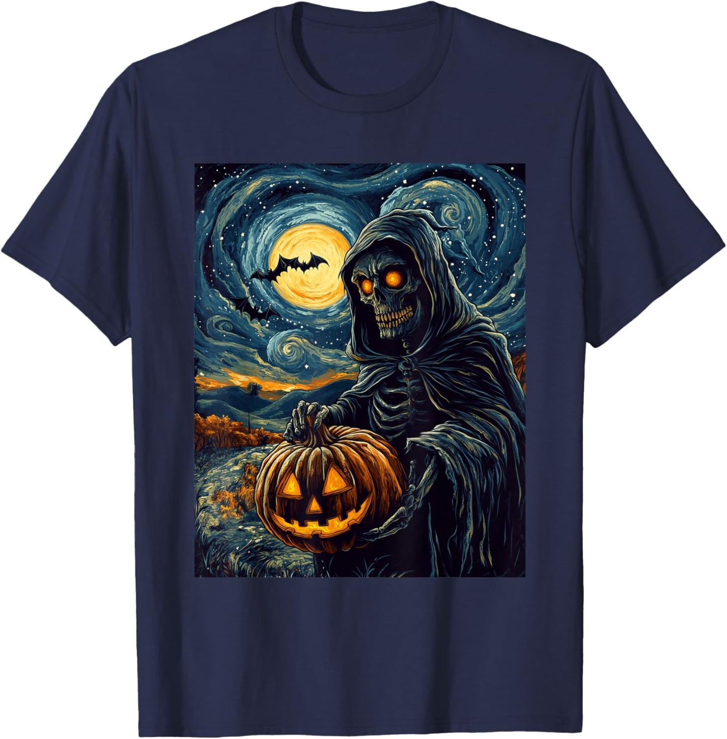 Halloween Spooky Pumpkin Design Scary Grim Reaper Halloween T-Shirt - T-Shirt | Navy