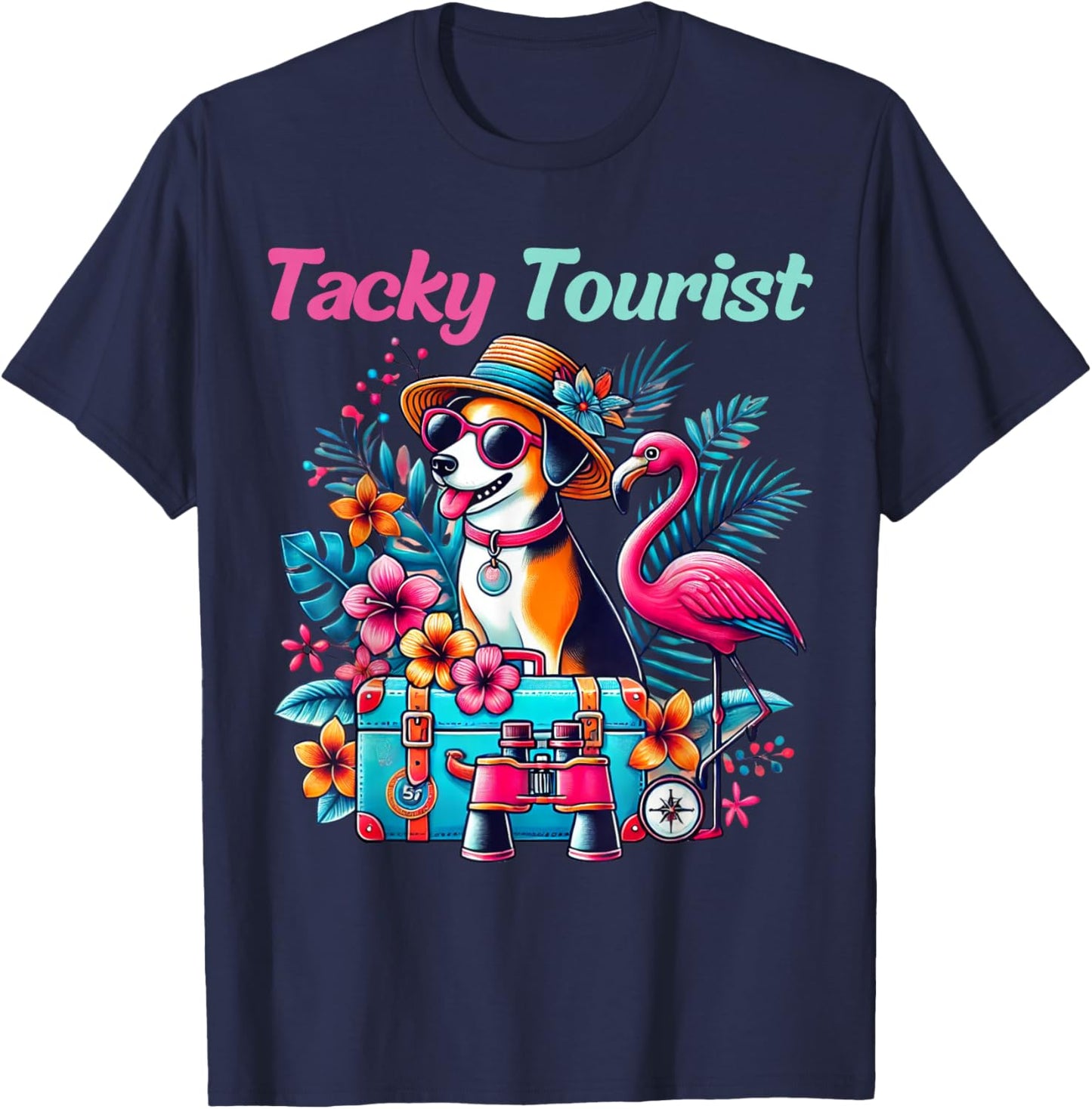 Vacation Tourist Apparel & Vintage Hawaiian Wear -Adult Tacky Tourist Outfit Wacky Cruise Costume Idea Black Cartoon Hawaiian Small Regular Fit Short Sleeve T-Shirt - T-Shirt | Navy