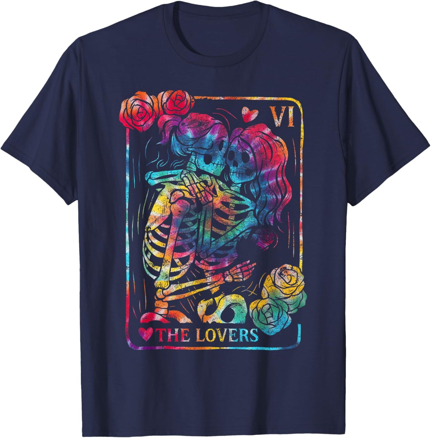 The Lovers Tarot Card Gothic Occult Kissing Skeleton Roses T-Shirt - T-Shirt | Navy