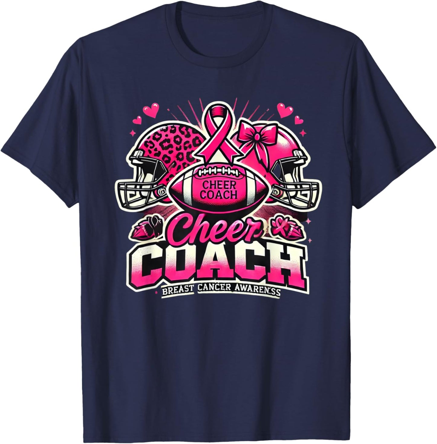 Cheer Coach Pink Ribbon Football Breast Cancer Awareness T-Shirt - T-Shirt | Navy