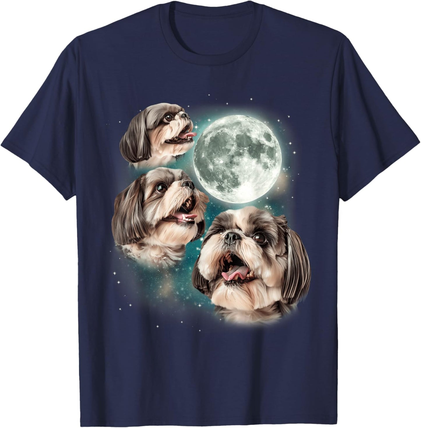 Three Shih Tzu Moon | 3 Puppies Howling Fun Dog Parody Meme T-Shirt - T-Shirt | Navy