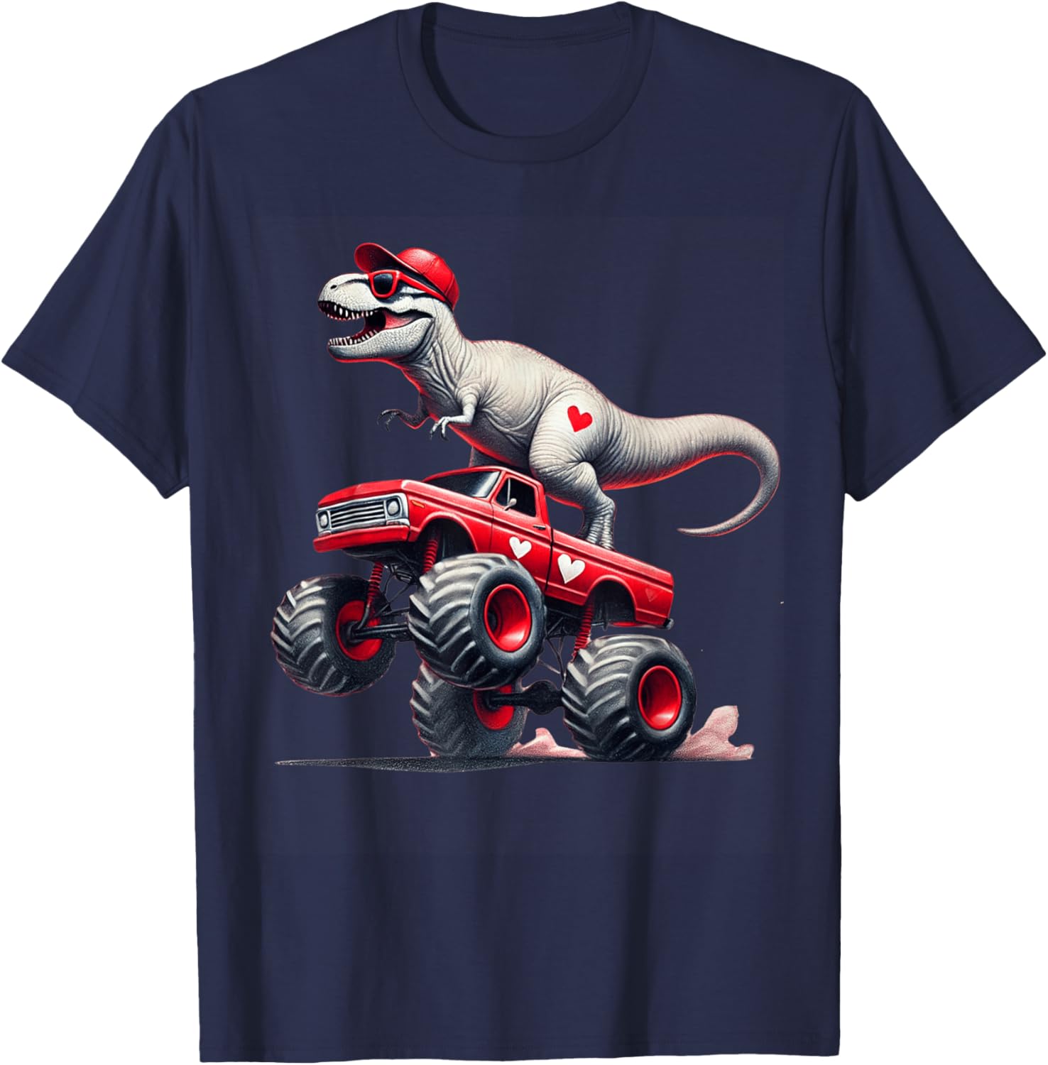 Valentines Day T Rex Riding Monster Truck Funny Toddler Boys T-Shirt - T-Shirt | Navy