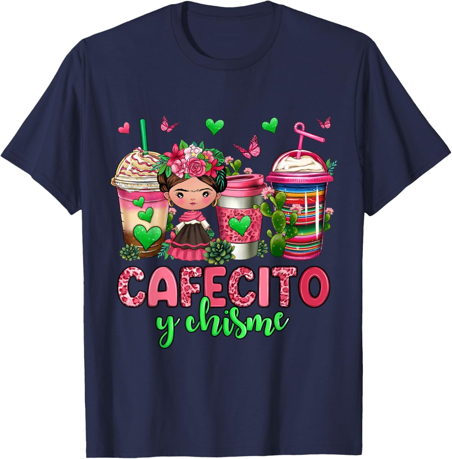 Cafecito y chisme coffee cups T-Shirt - T-Shirt | Navy