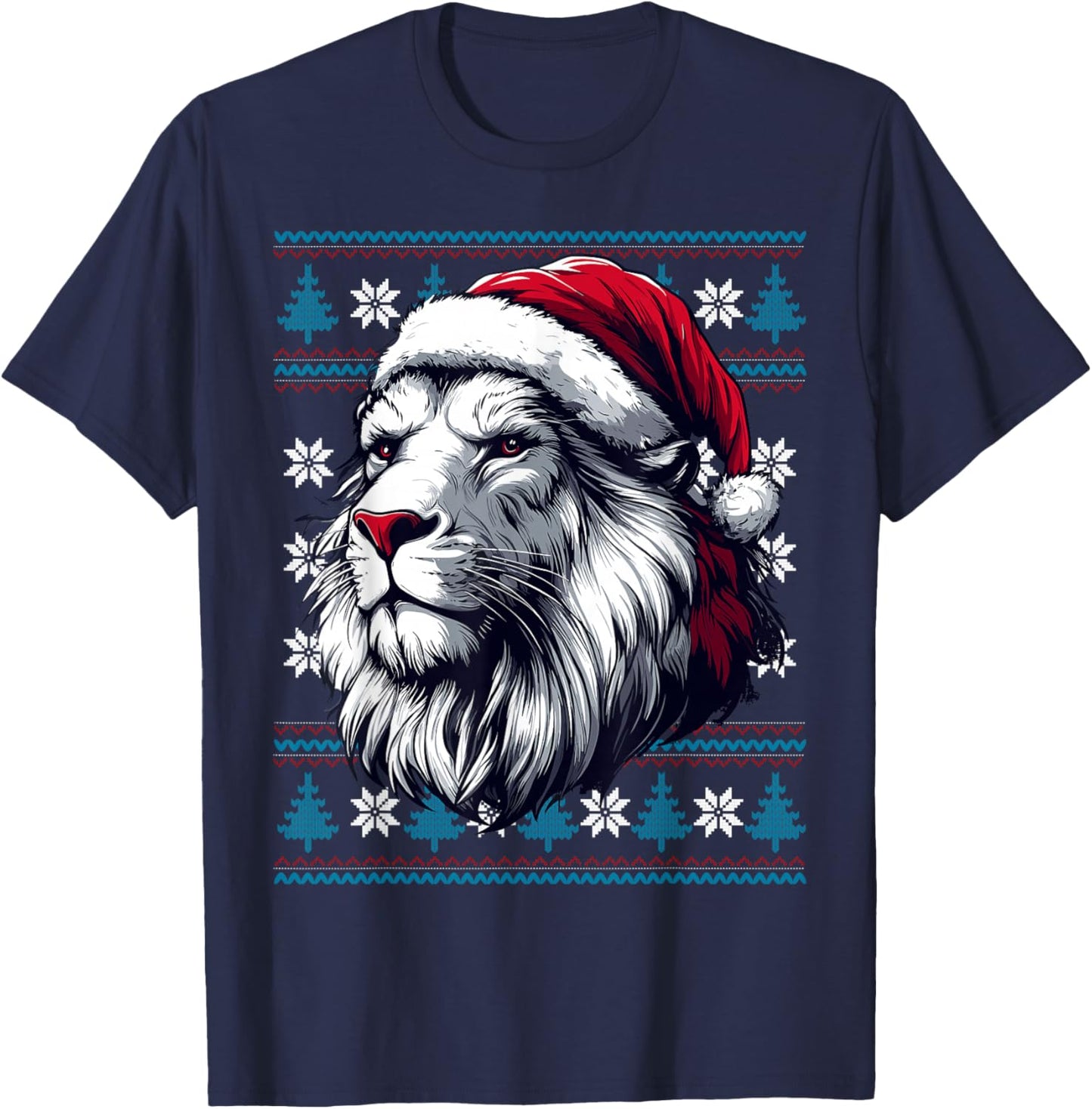 Lion Santa Hat Ugly Christmas Sweater Lion Lovers Holiday T-Shirt - T-Shirt | Navy