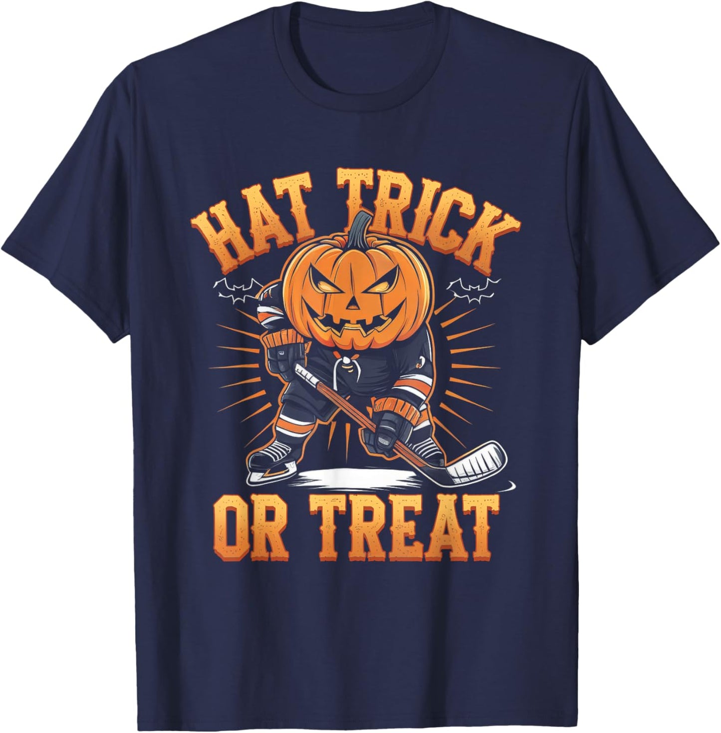 Halloween Hat Tricks Or Treat Ice Hockey Player Pumpkin Head T-Shirt - T-Shirt | Navy