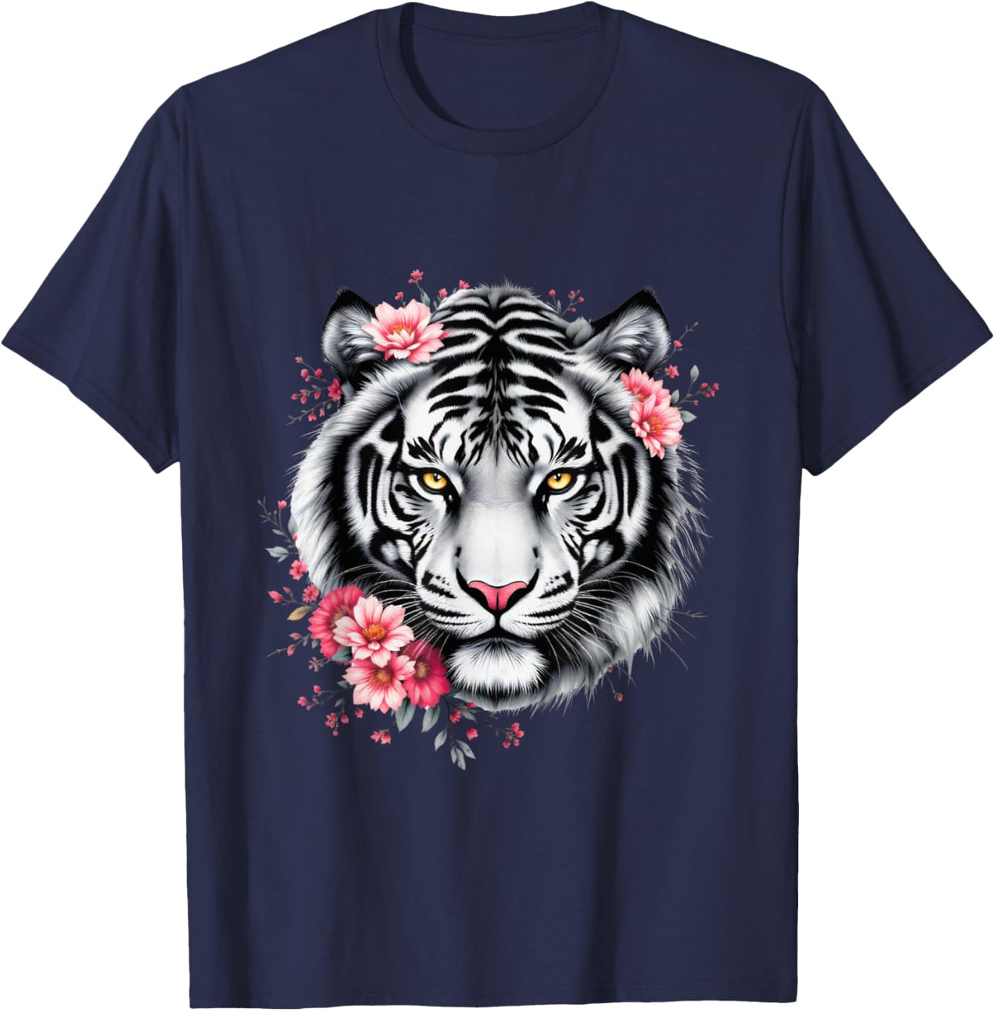 White Tiger With Flowers Graphic T-Shirt - T-Shirt | Navy