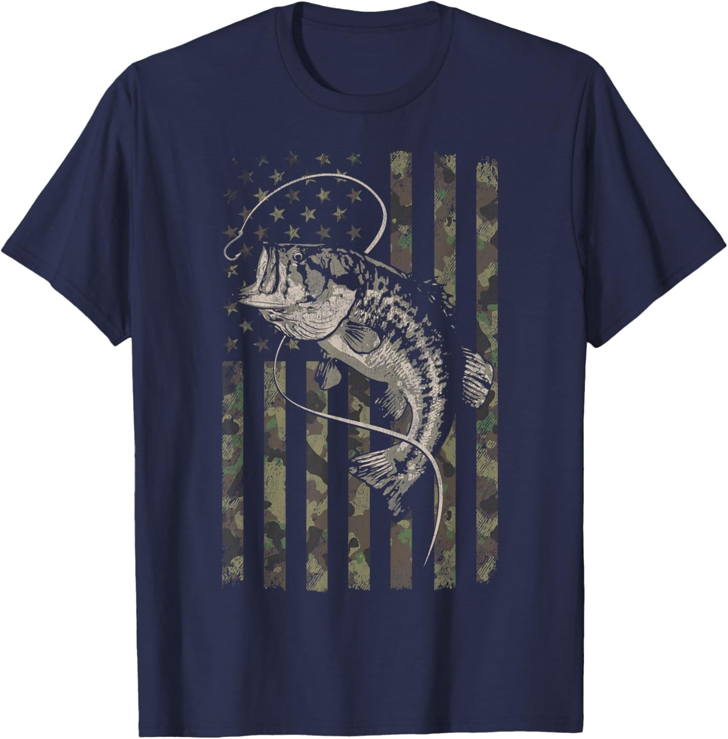 Fishing Camo American Flag Bass Fish Camouflage T-Shirt - T-Shirt | Navy