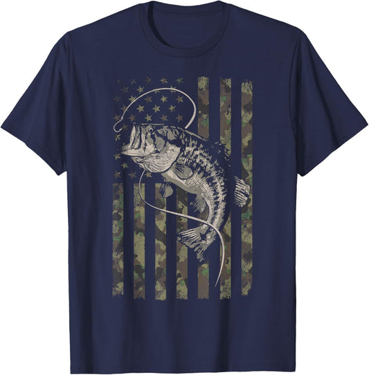 Fishing Camo American Flag Bass Fish Camouflage T-Shirt - T-Shirt | Navy