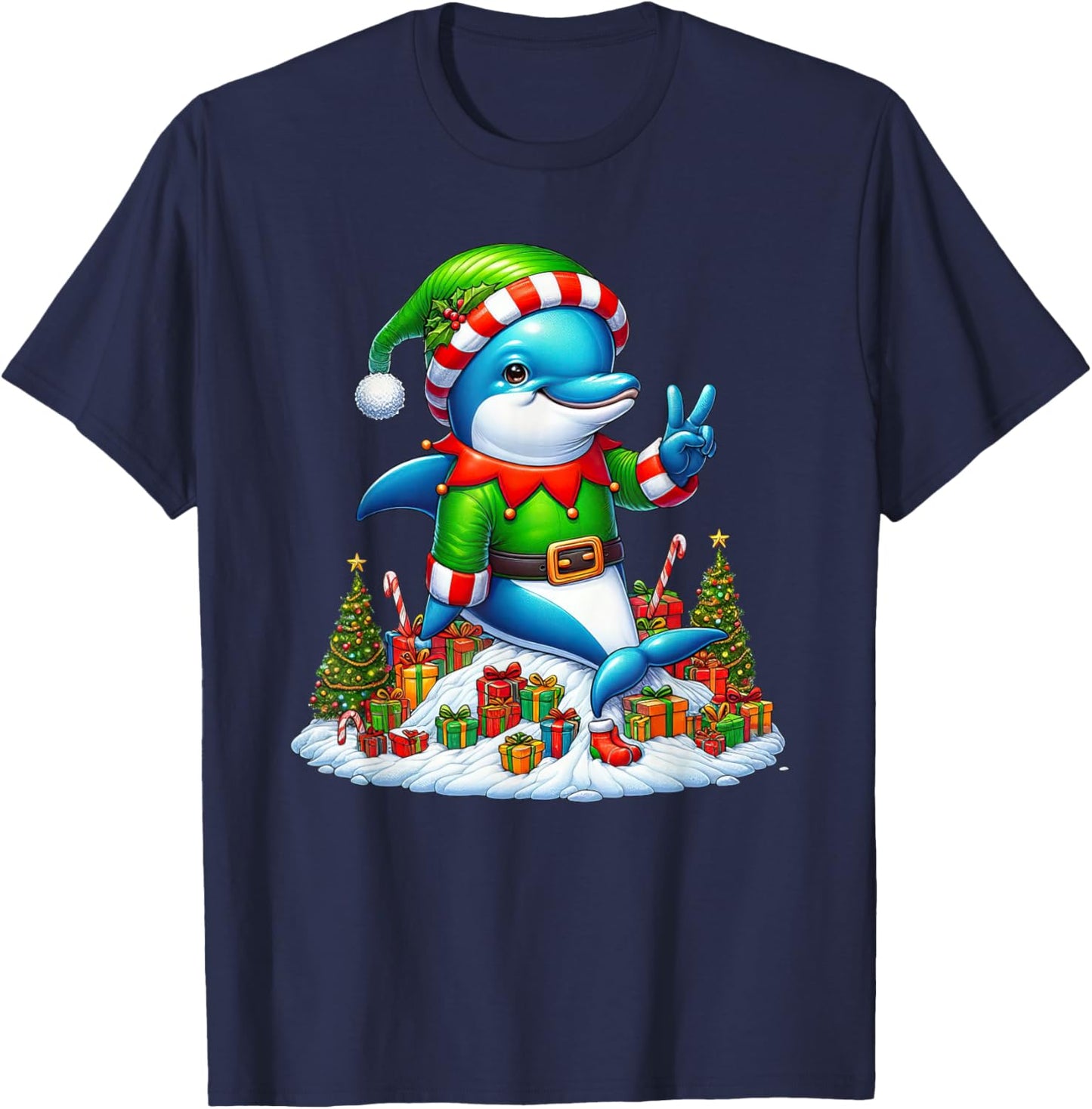 Funny Peace Hand Dolphin Elf Christmas Kids T-Shirt - T-Shirt | Navy