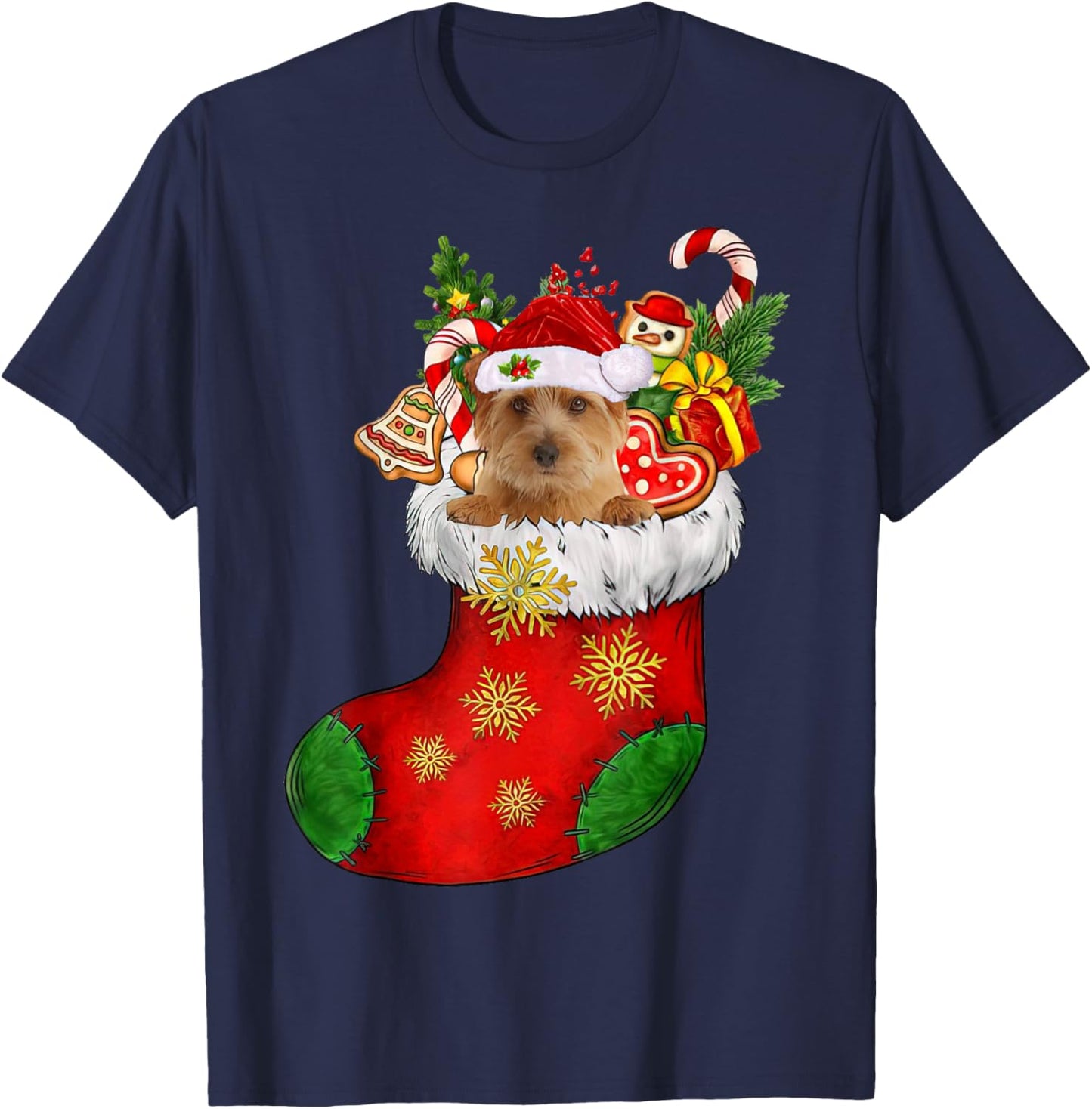 Norfolk Terrier In Sock Christmas Santa Hat Xmas Dog Lover T-Shirt - T-Shirt | Navy