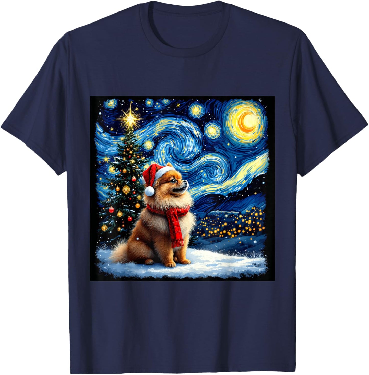 Pomeranian Starry Night Christmas Van Gogh Dog Santa Hat T-Shirt - T-Shirt | Navy
