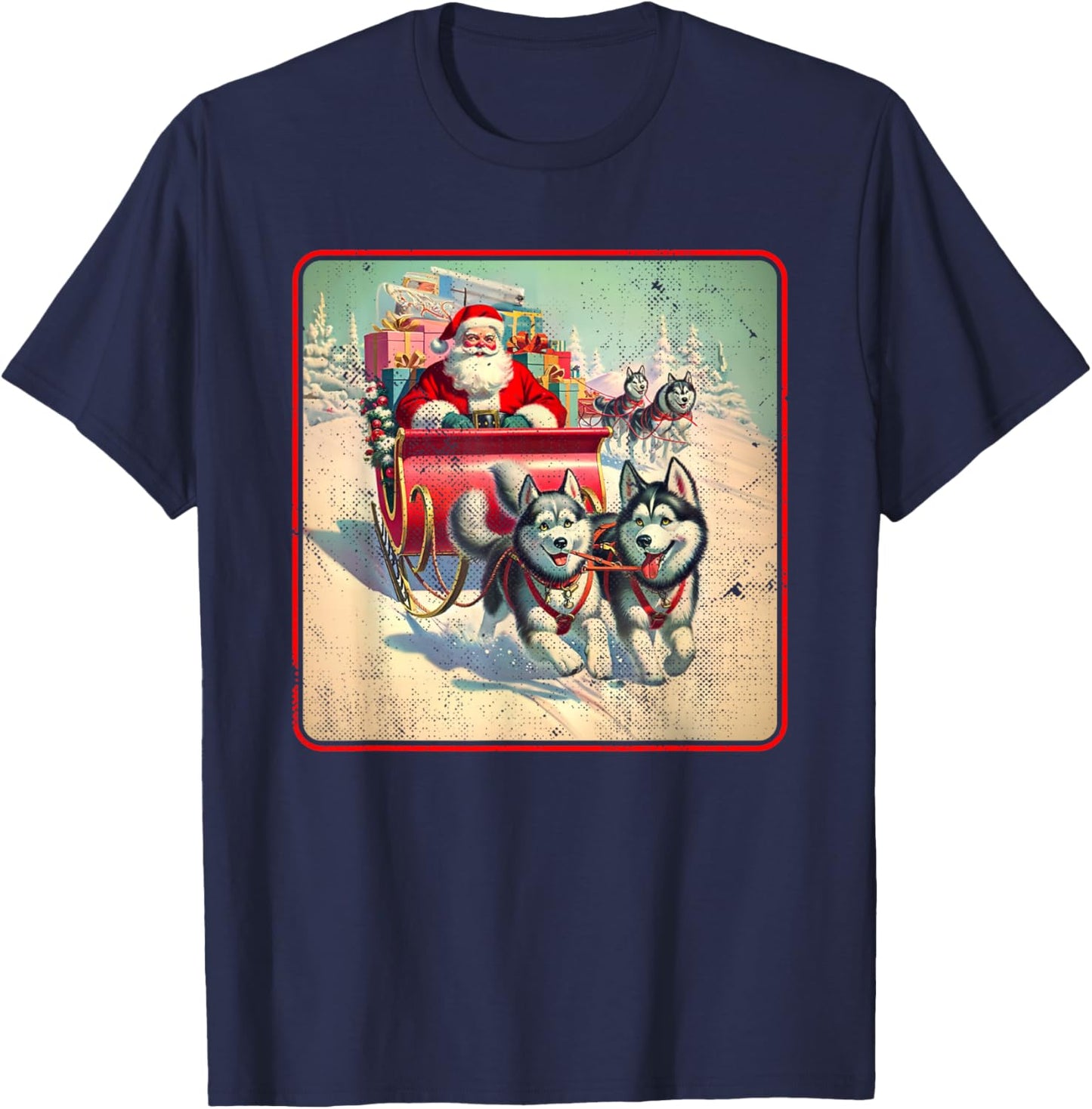 Siberian Husky Family Christmas Huskies Pulling Santa Sleigh T-Shirt - T-Shirt | Navy