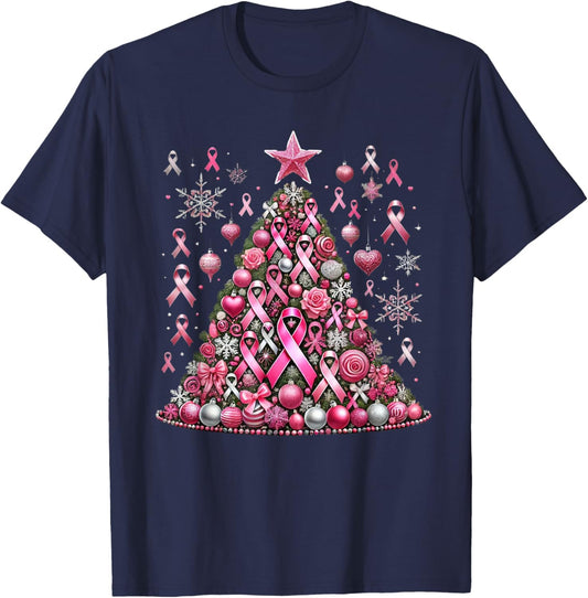 Snowflakes Ornament Decoration Breast Cancer Christmas Tree T-Shirt - T-Shirt | Navy