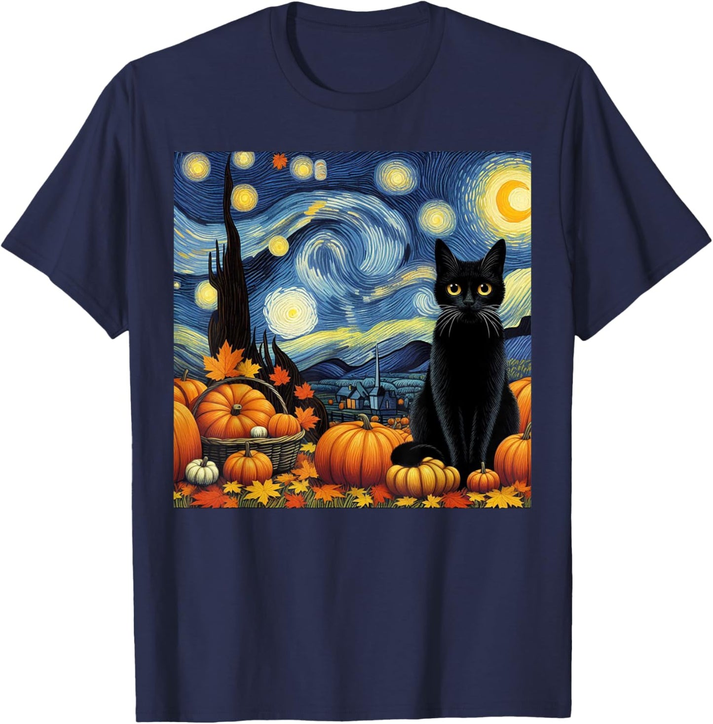 Thanksgiving Van Gogh Starry Night Black Cat Pumpkins Cat Lo T-Shirt - T-Shirt | Navy