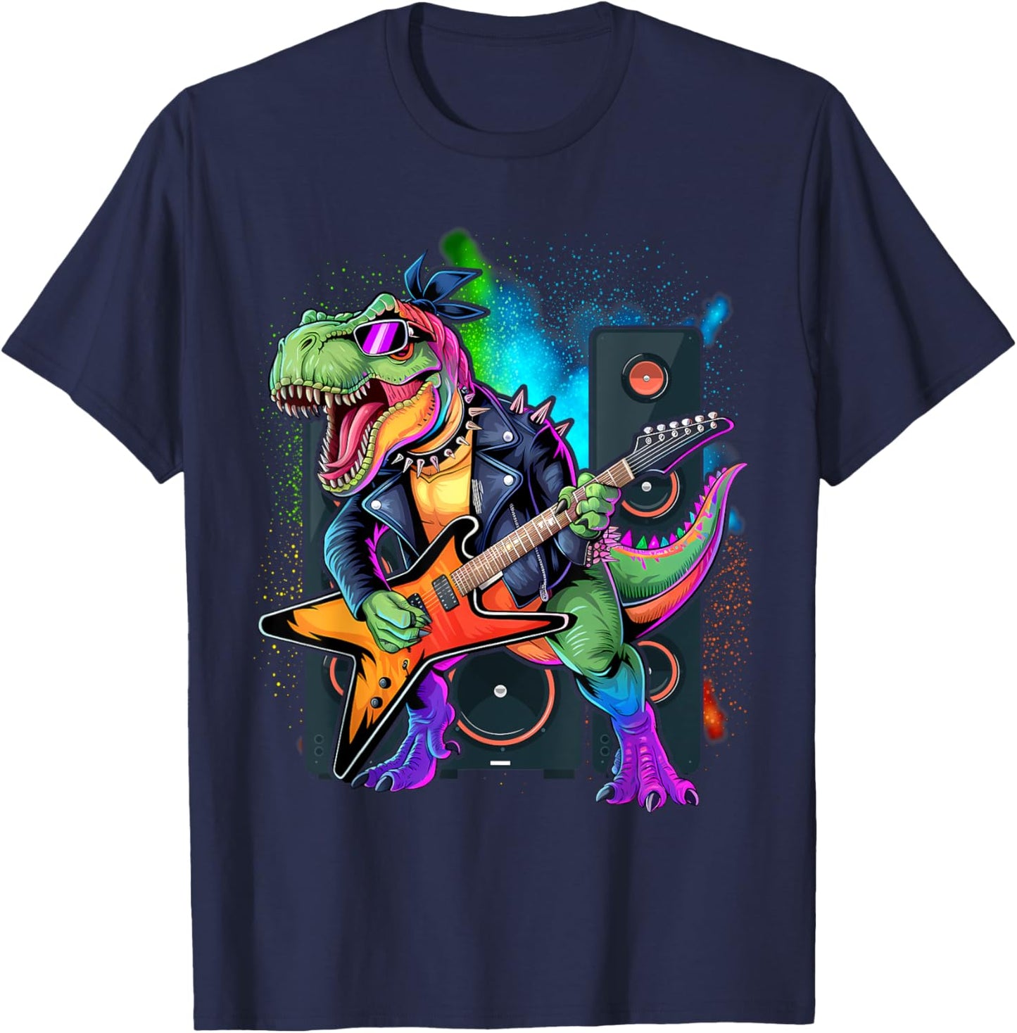 Funny Dinosaur, Rock'n Roll Goth Dino, Guitar Band T-Shirt - T-Shirt | Navy