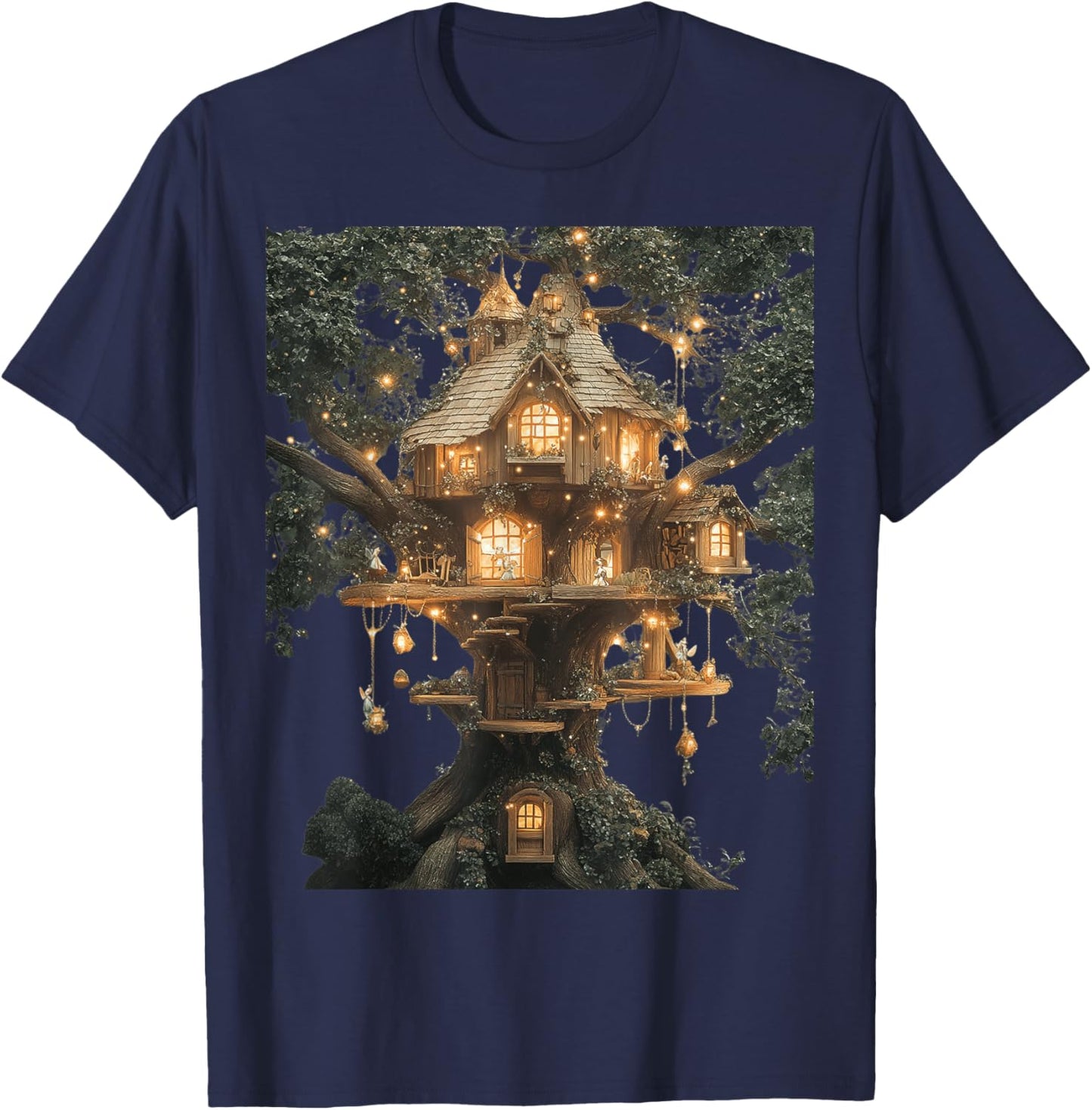 Magical Treehouse Fantasy Art T-Shirt - T-Shirt | Navy