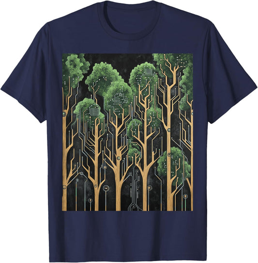 Tech-Nature Fusion Circuit Board Design T-Shirt - T-Shirt | Navy