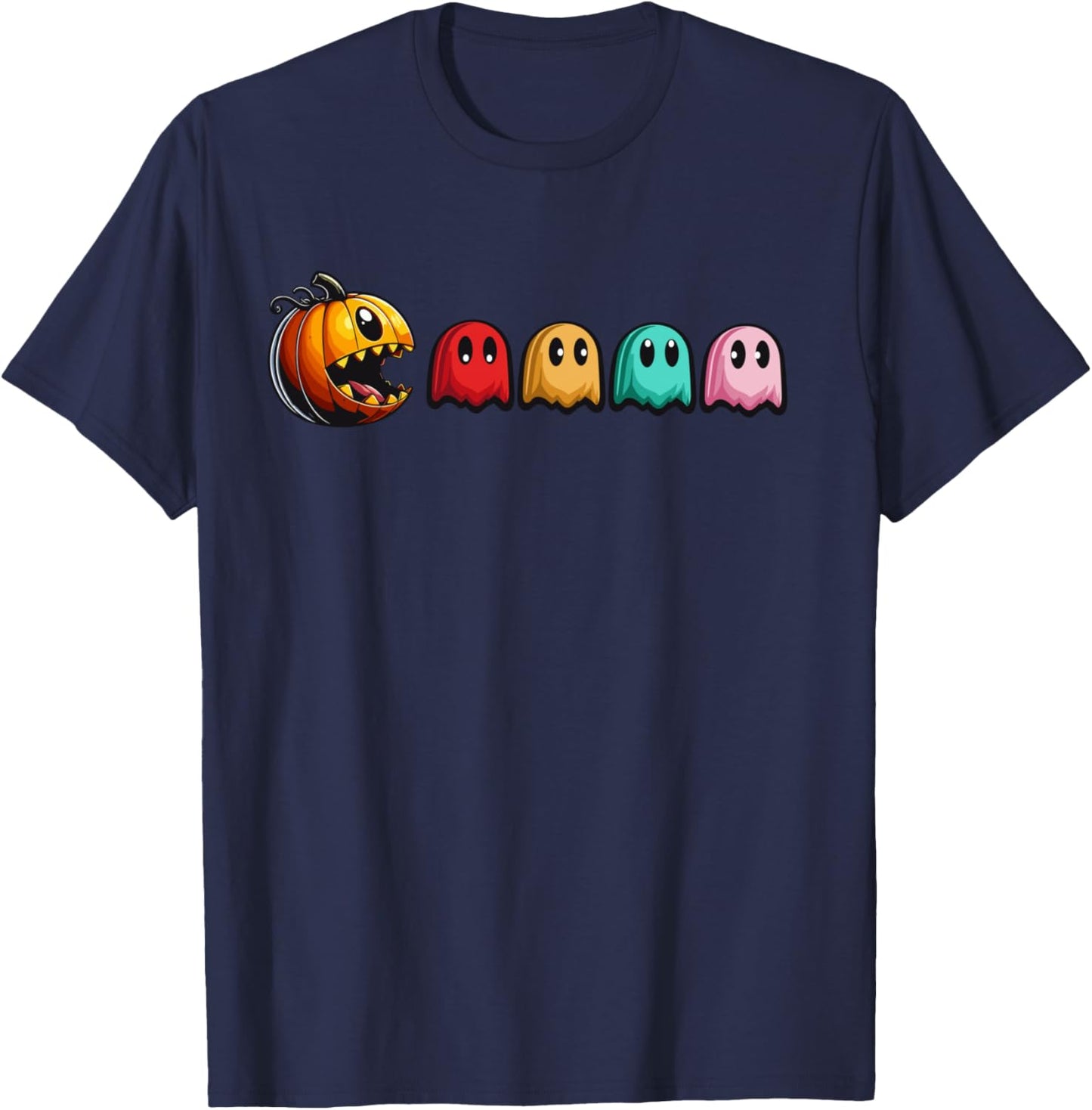 Halloween Pumpkin vs. Ghosts Retro Video Game T-Shirt - T-Shirt | Navy