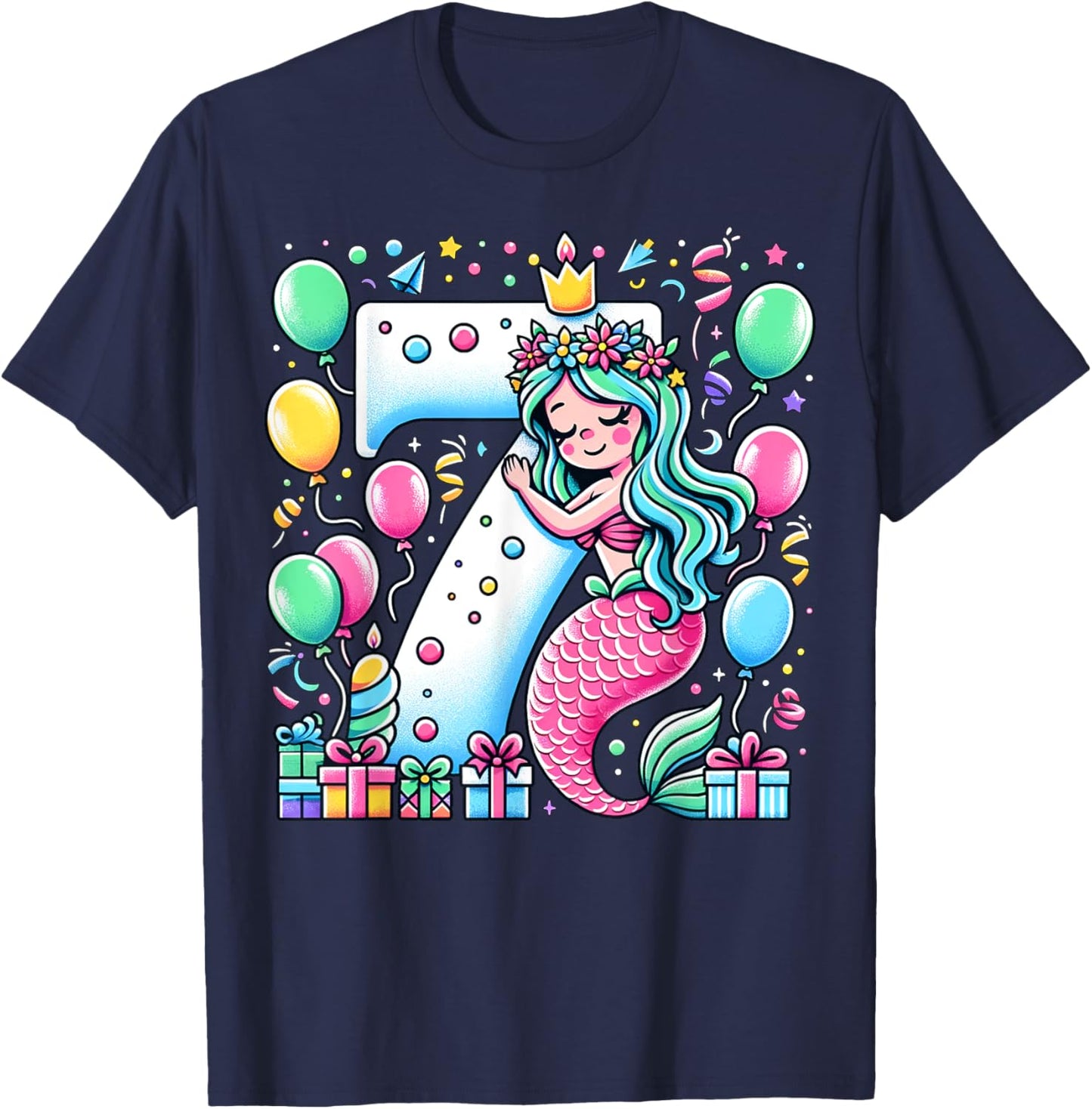 Mermaid 7th birthday for boy girl 7 years old seven Mermaid T-Shirt - T-Shirt | Navy