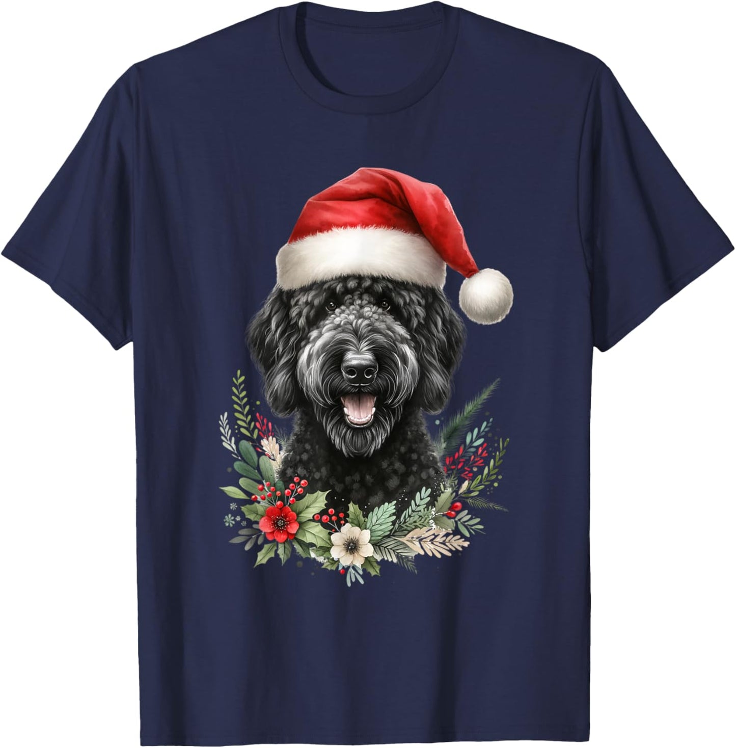 Christmas Black Labradoodle Dog Watercolor Artwork T-Shirt - T-Shirt | Navy