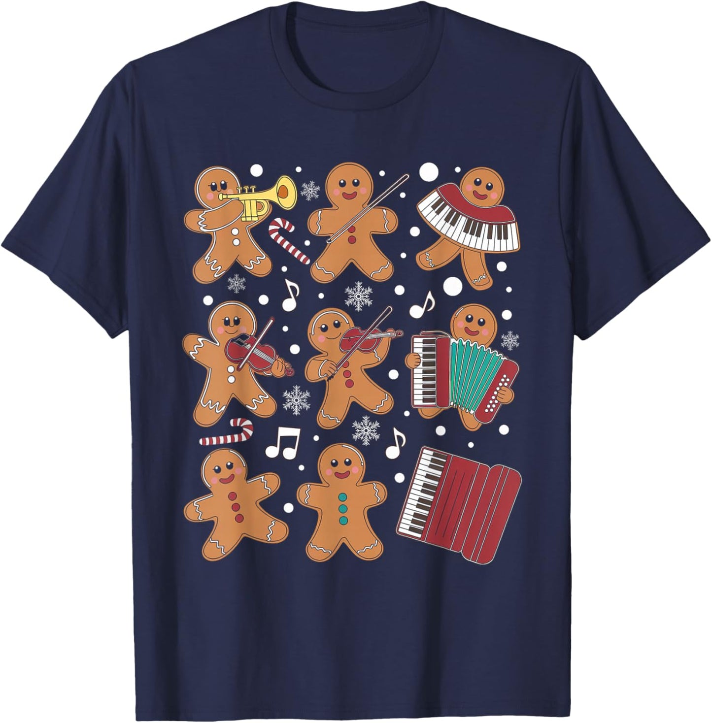 Christmas Musician Gingerbread Playing Musical Instruments T-Shirt - T-Shirt | Navy