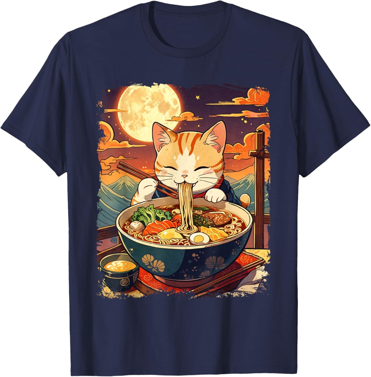 Cat Eating Ramen Japanese Noodles Vintage Ukiyo-e Art T-Shirt - T-Shirt | Navy
