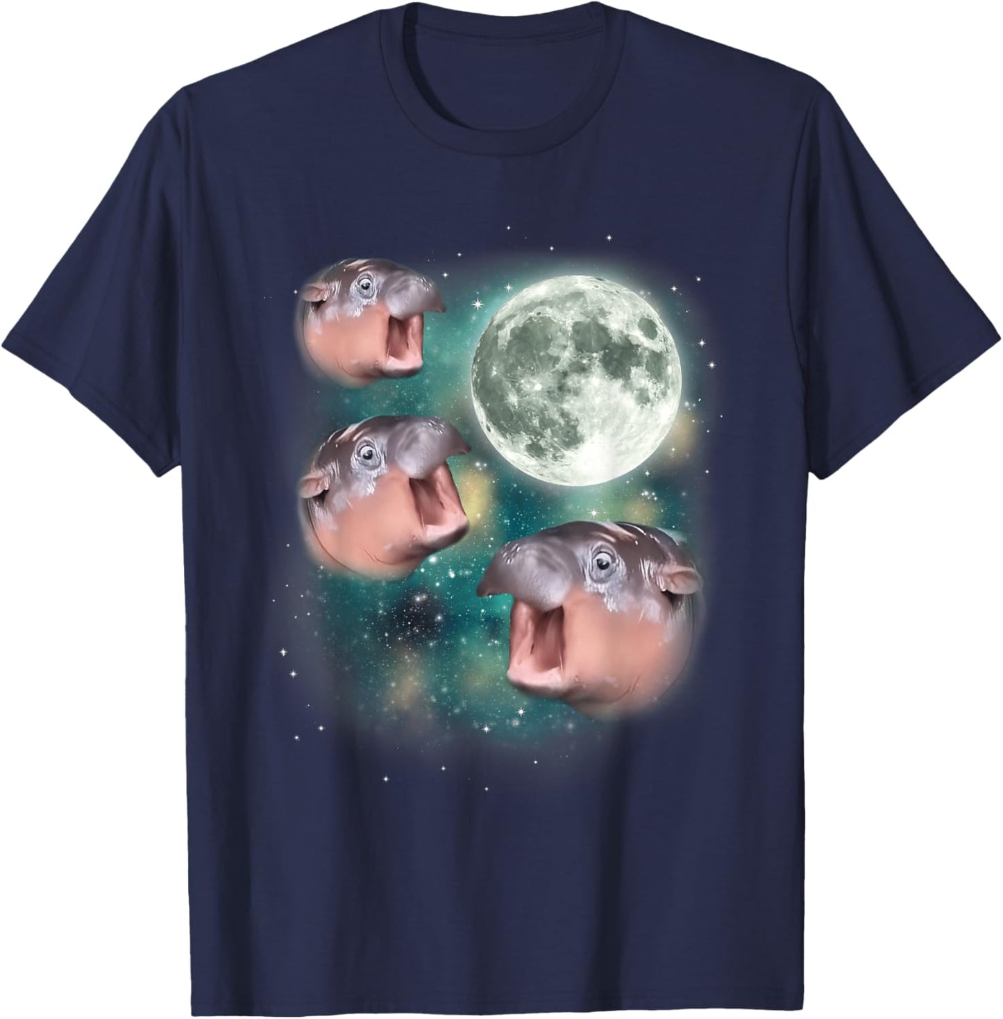 3 Moon-Deng | Baby Hippo Meme Funny Cute Hippopotamus Animal T-Shirt - T-Shirt | Navy