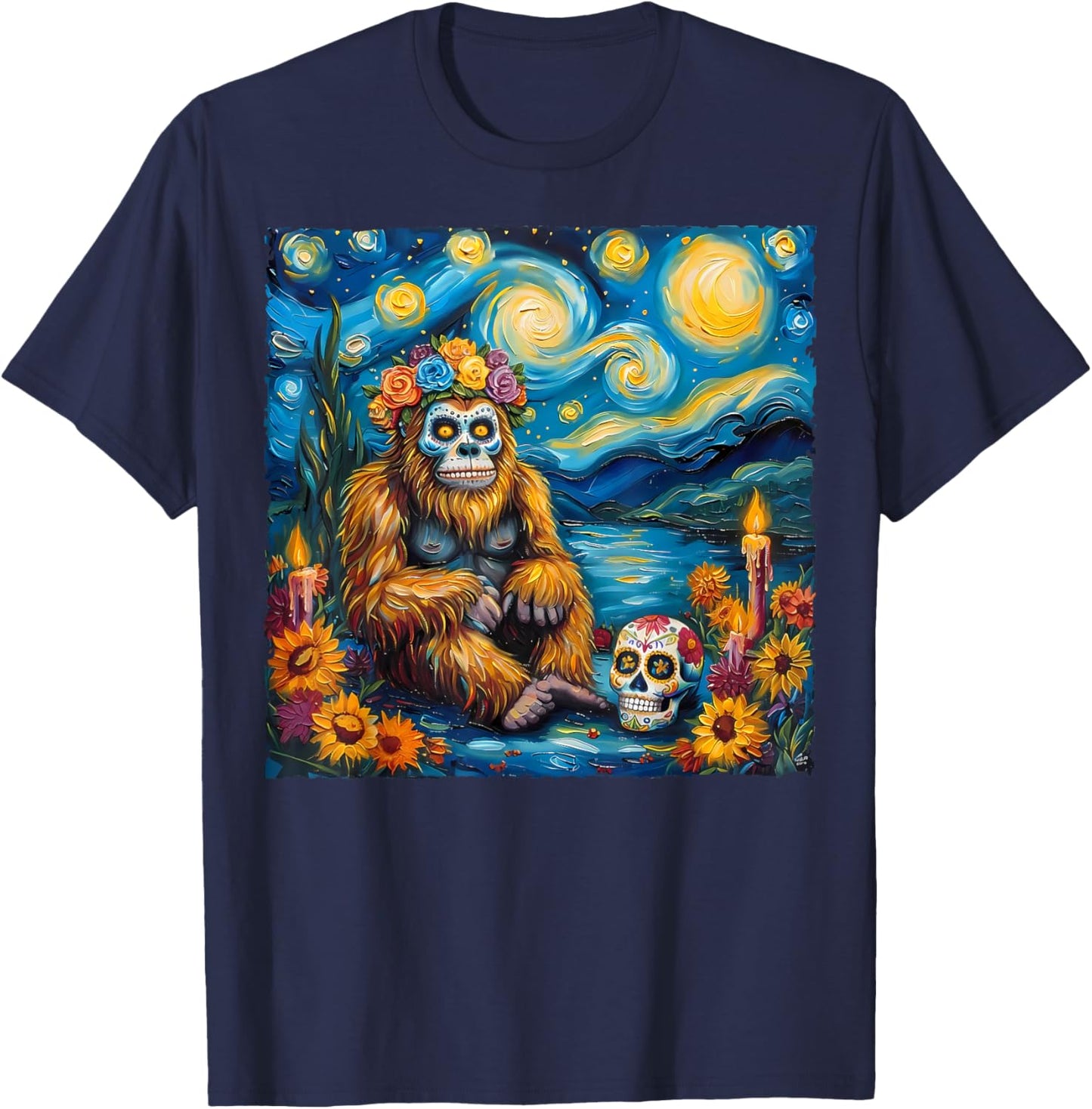 Bigfoot Van Gogh Style The Starry Night Day Of Dead Funny T-Shirt - T-Shirt | Navy