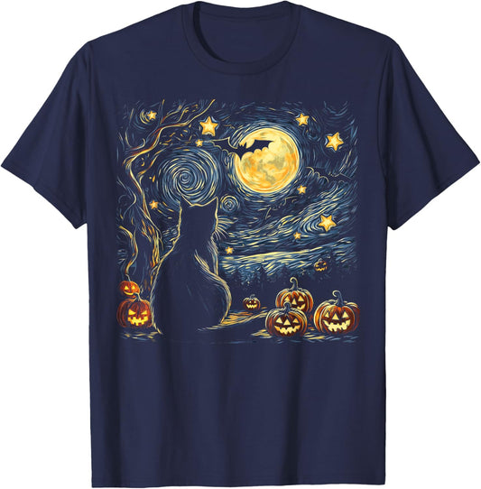 Halloween Van Gogh Starry Night Painting Black Cat Kitten Women Kids T-Shirt - T-Shirt | Navy