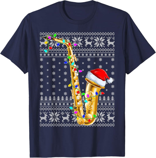 Ugly Sweater Xmas Lights Santa Musical Saxophone Christmas T-Shirt - T-Shirt | Navy