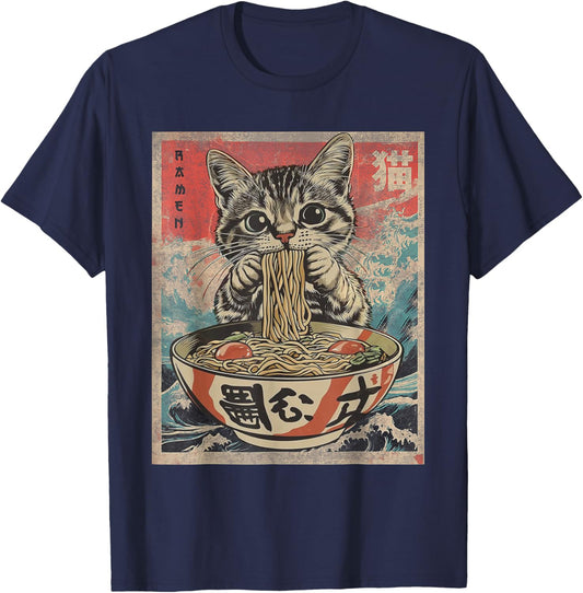 Funny Cat Ramen Noodles Kawaii Anime Manga Japanese Food T-Shirt - T-Shirt | Navy