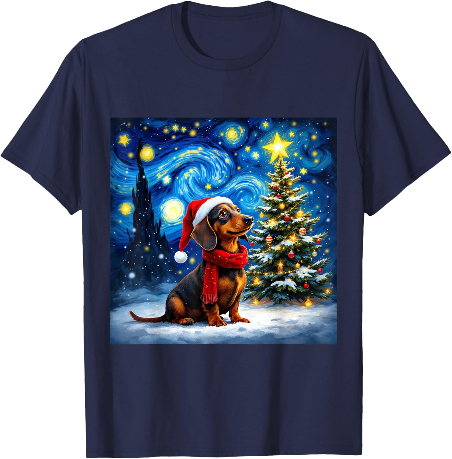 Dachshund Starry Night Christmas Van Gogh Dog Santa Hat T-Shirt - T-Shirt | Navy