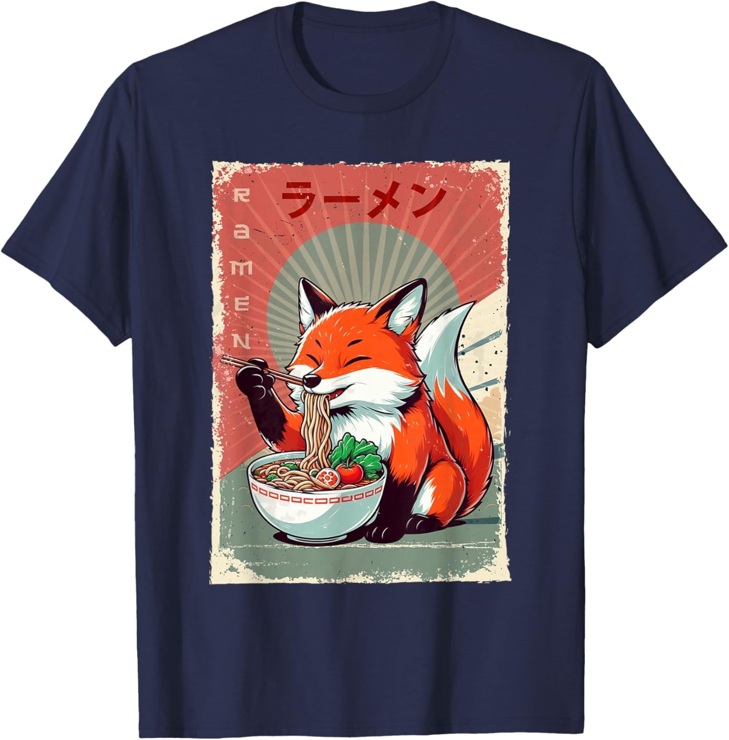 Fox Eating Ramen Japanese Noodles Soup T-Shirt - T-Shirt | Navy