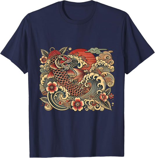 Japanese Vintage Retro Koi Dragon T-Shirt - T-Shirt | Navy