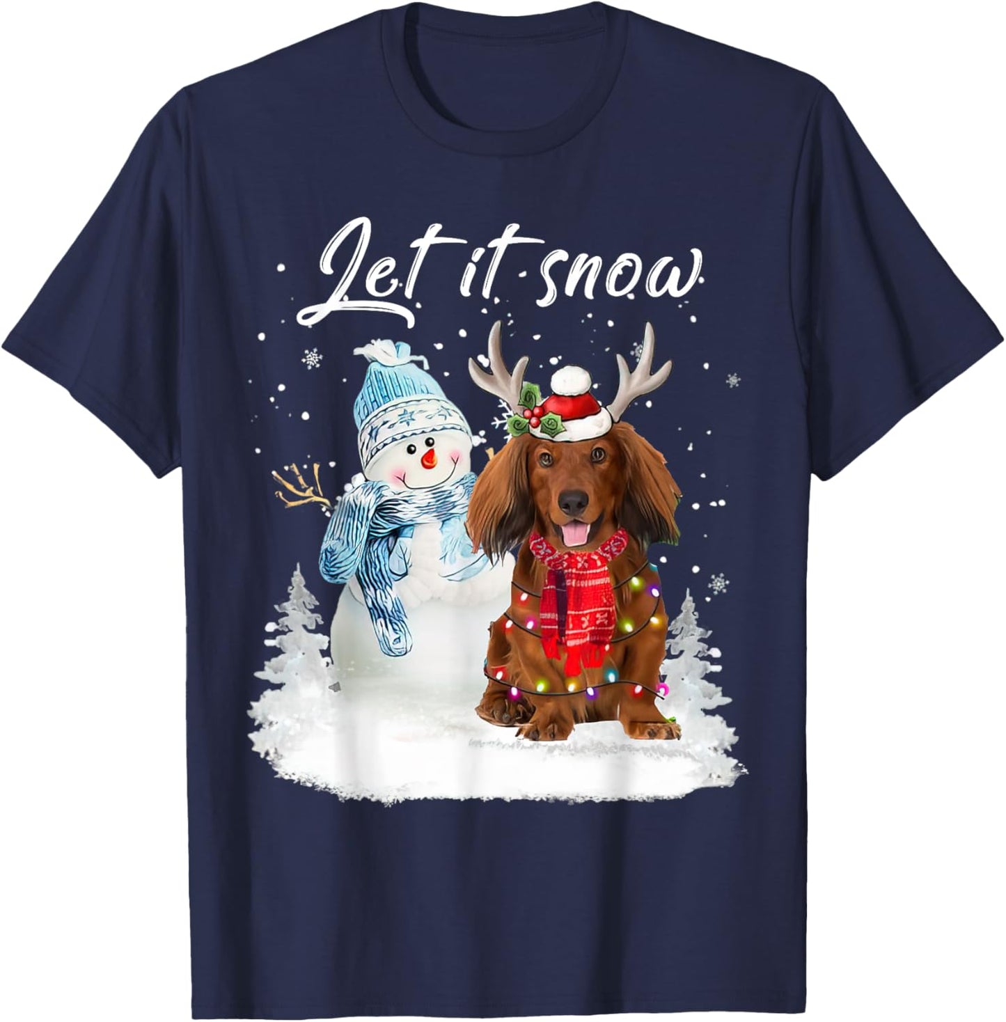 Red Long Haired Dachshund Santa Dog Christmas Snowman Xmas T-Shirt - T-Shirt | Navy