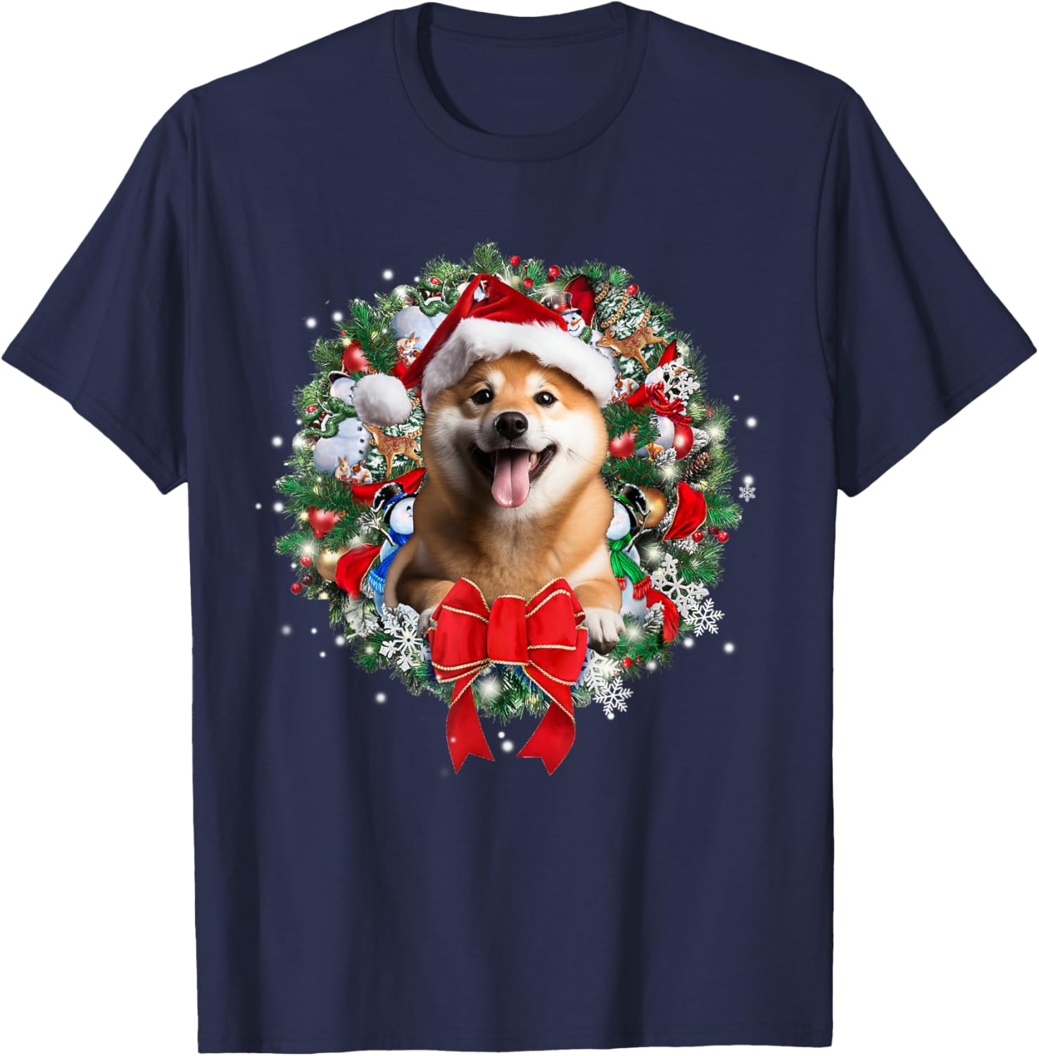 Shiba Inu Christmas Wreath Decoration Xmas Pajamas T-Shirt - T-Shirt | Navy